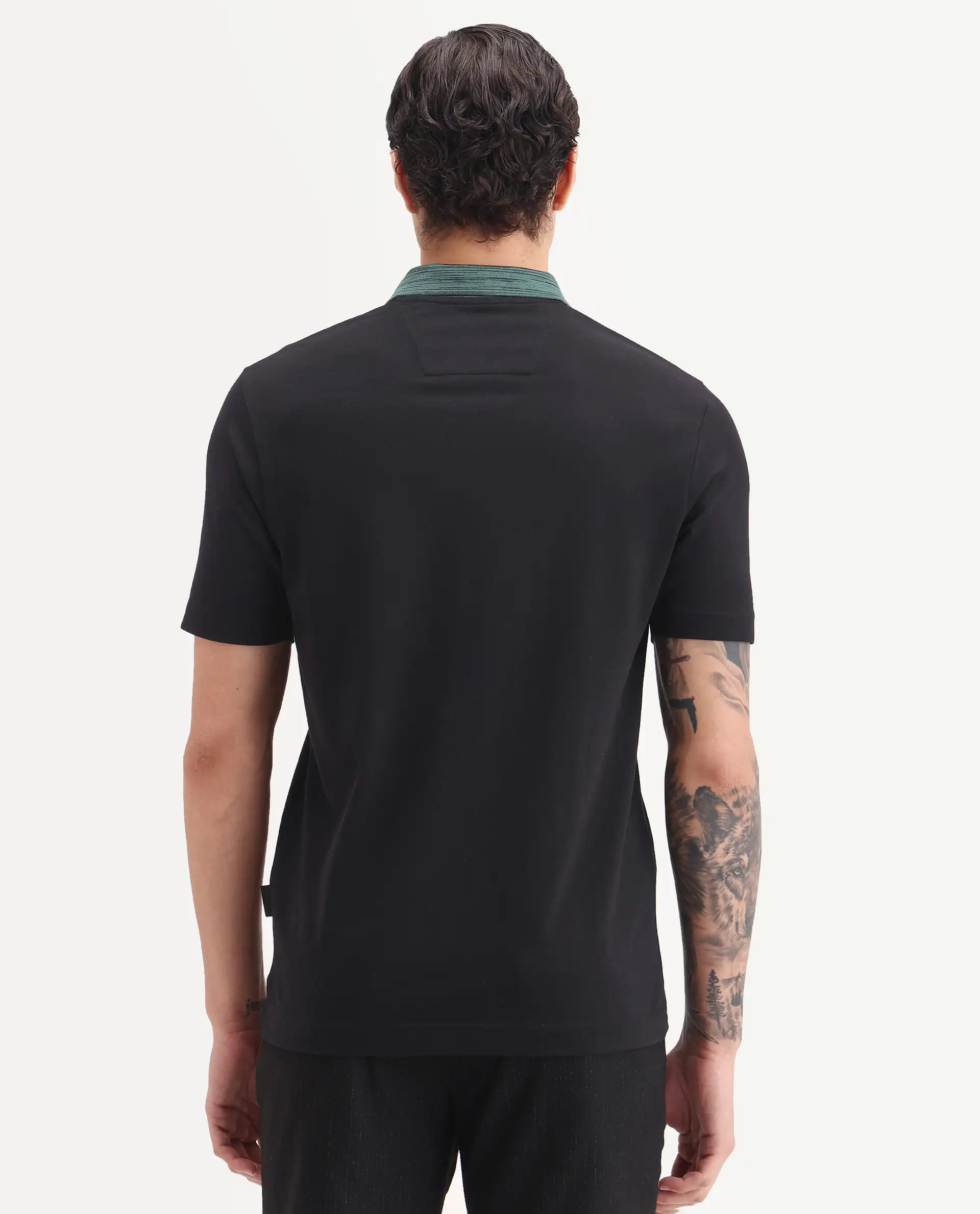 Rare Rabbit Men's Spat Black Cotton Blend Fabric Half Sleeve Spread Collar Regular Fit Plain Polo - Image 8