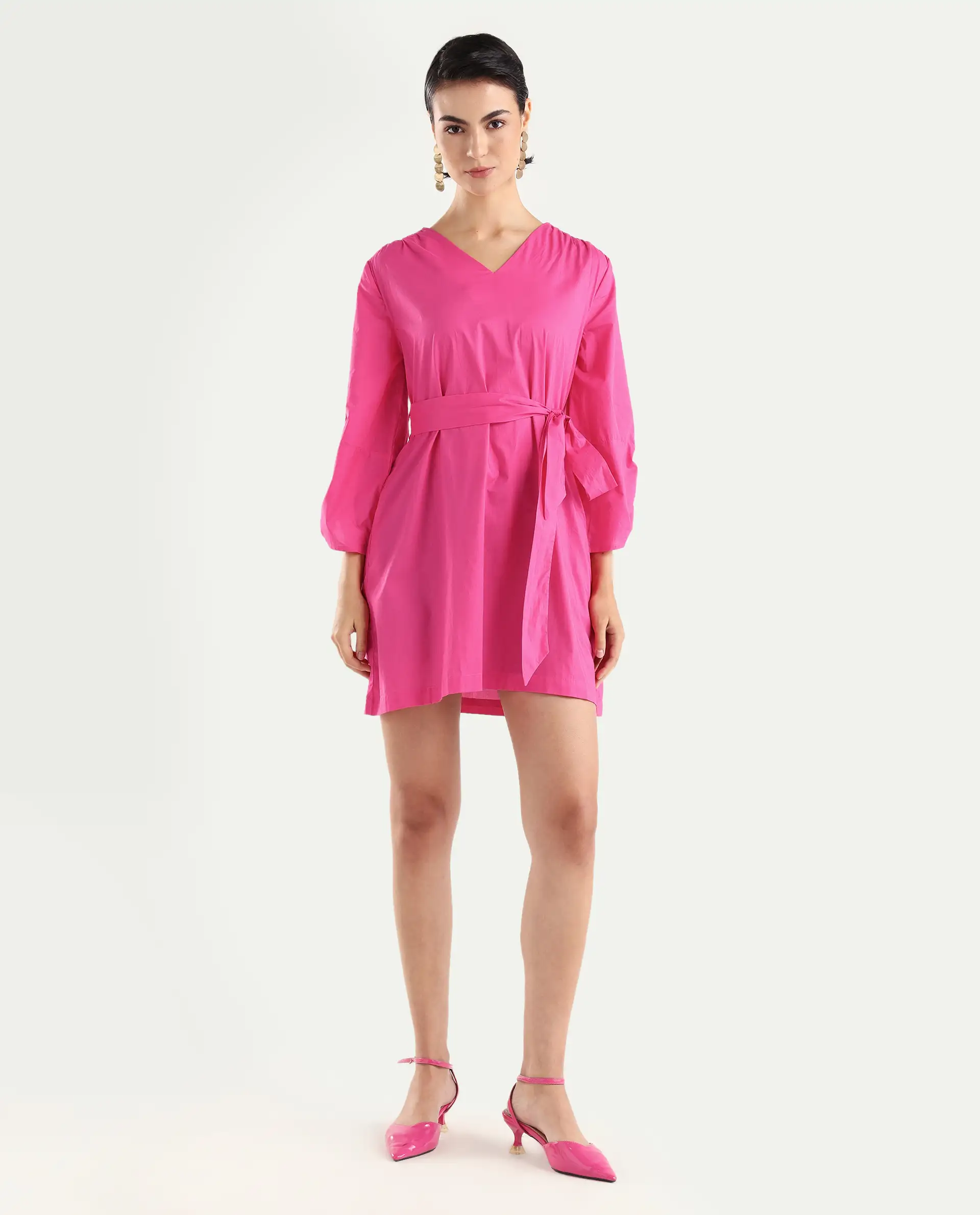Rareism Women's Spate Pink Cotton V-Neck Plain Mini Regular Fit Dress - Image 3