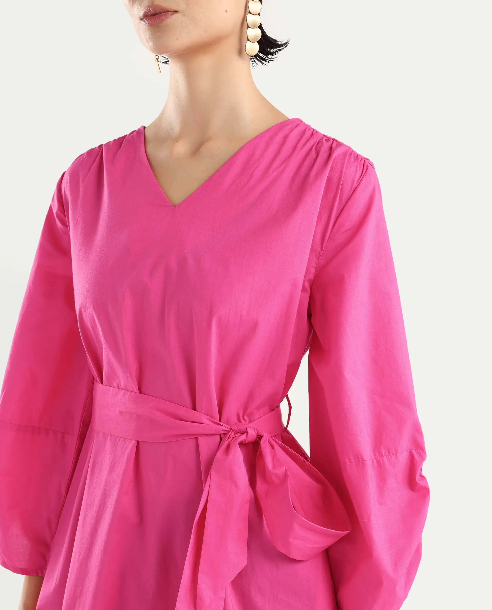 Rareism Women's Spate Pink Cotton V-Neck Plain Mini Regular Fit Dress - Image 4