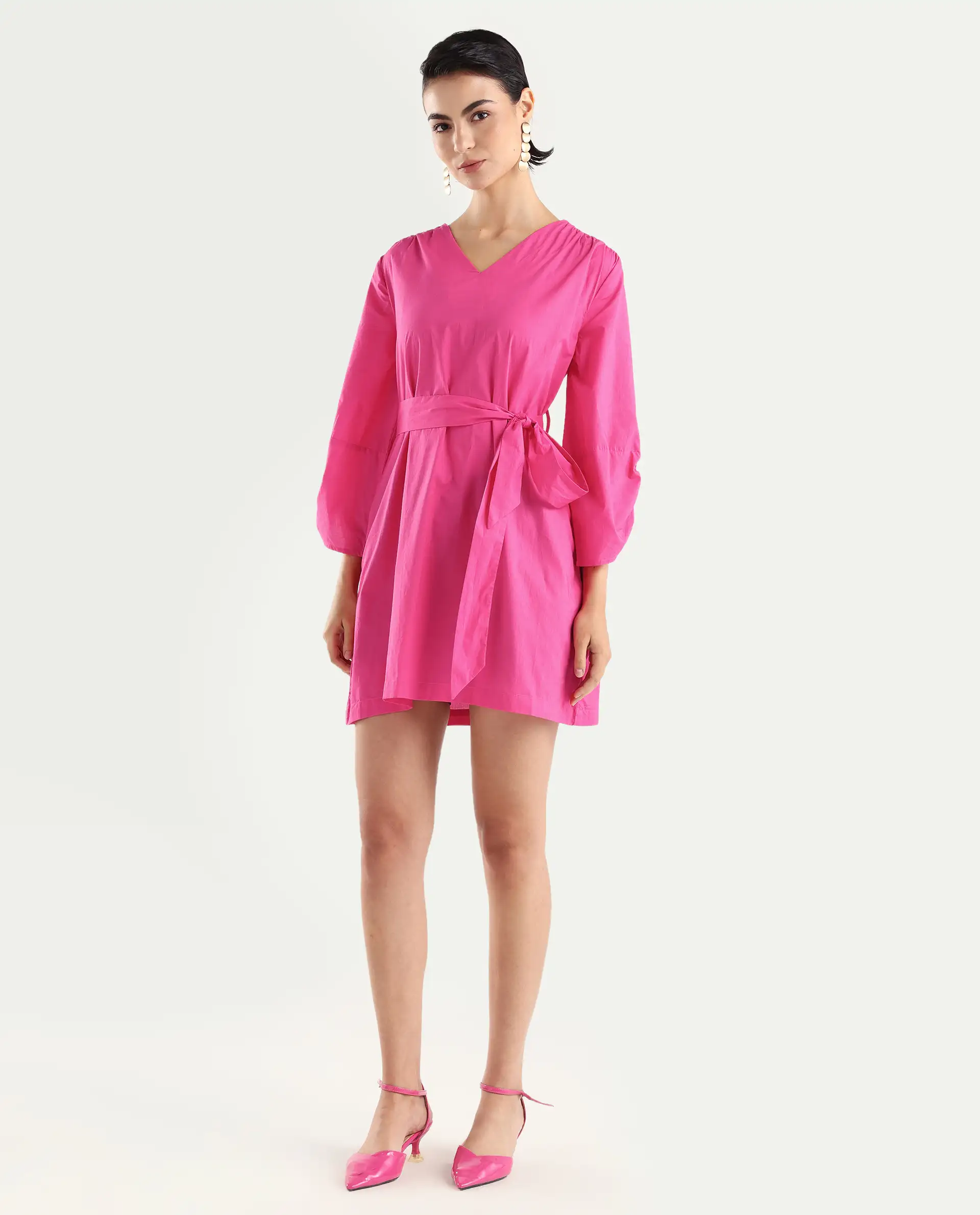 Rareism Women's Spate Pink Cotton V-Neck Plain Mini Regular Fit Dress - Image 6