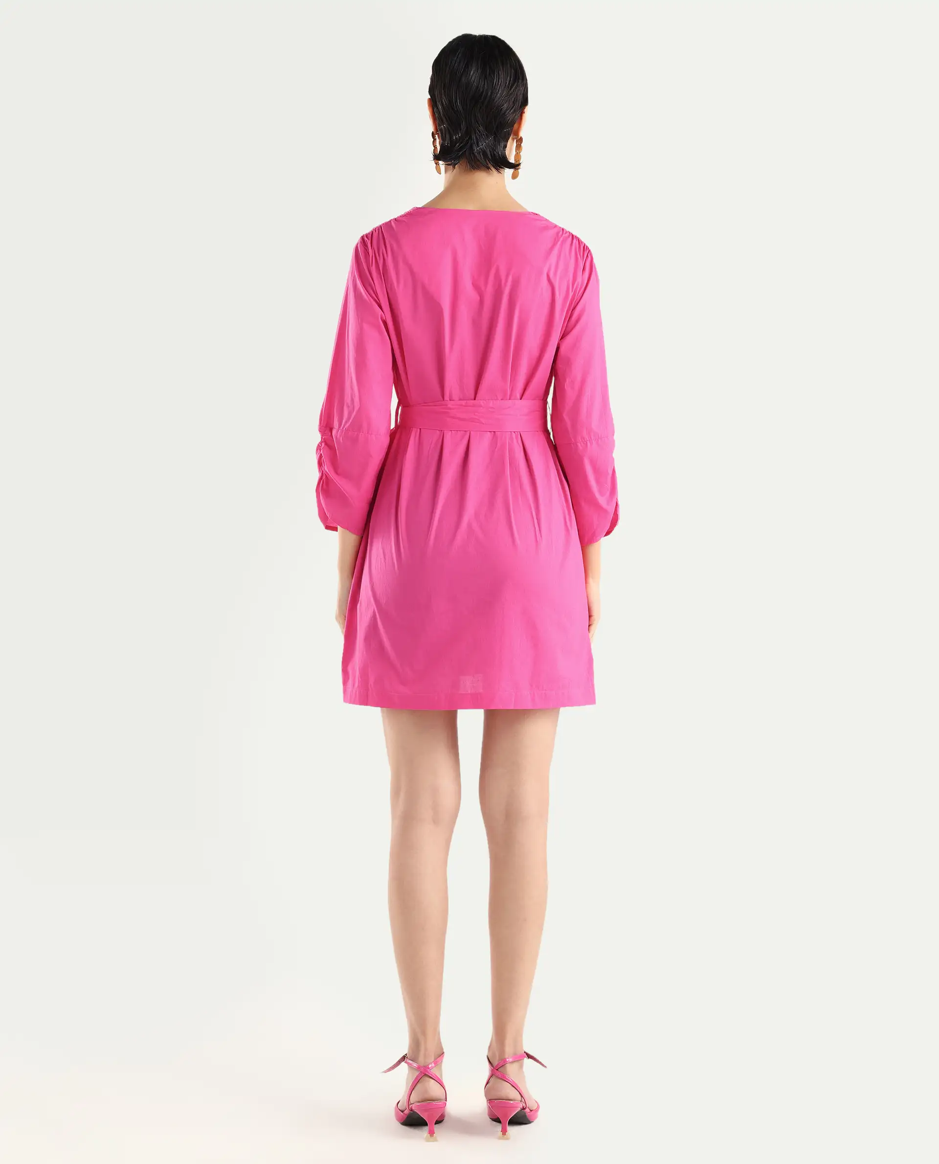 Rareism Women's Spate Pink Cotton V-Neck Plain Mini Regular Fit Dress - Image 7