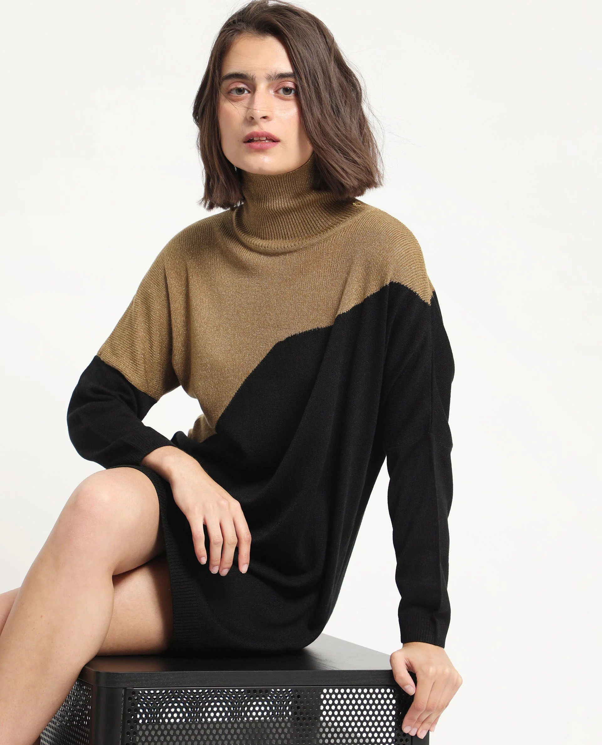 Rareism Women's Spaton 2 Black Acrylic High Neck Color Block Knee Length Regular Fit Sweater - Image 3