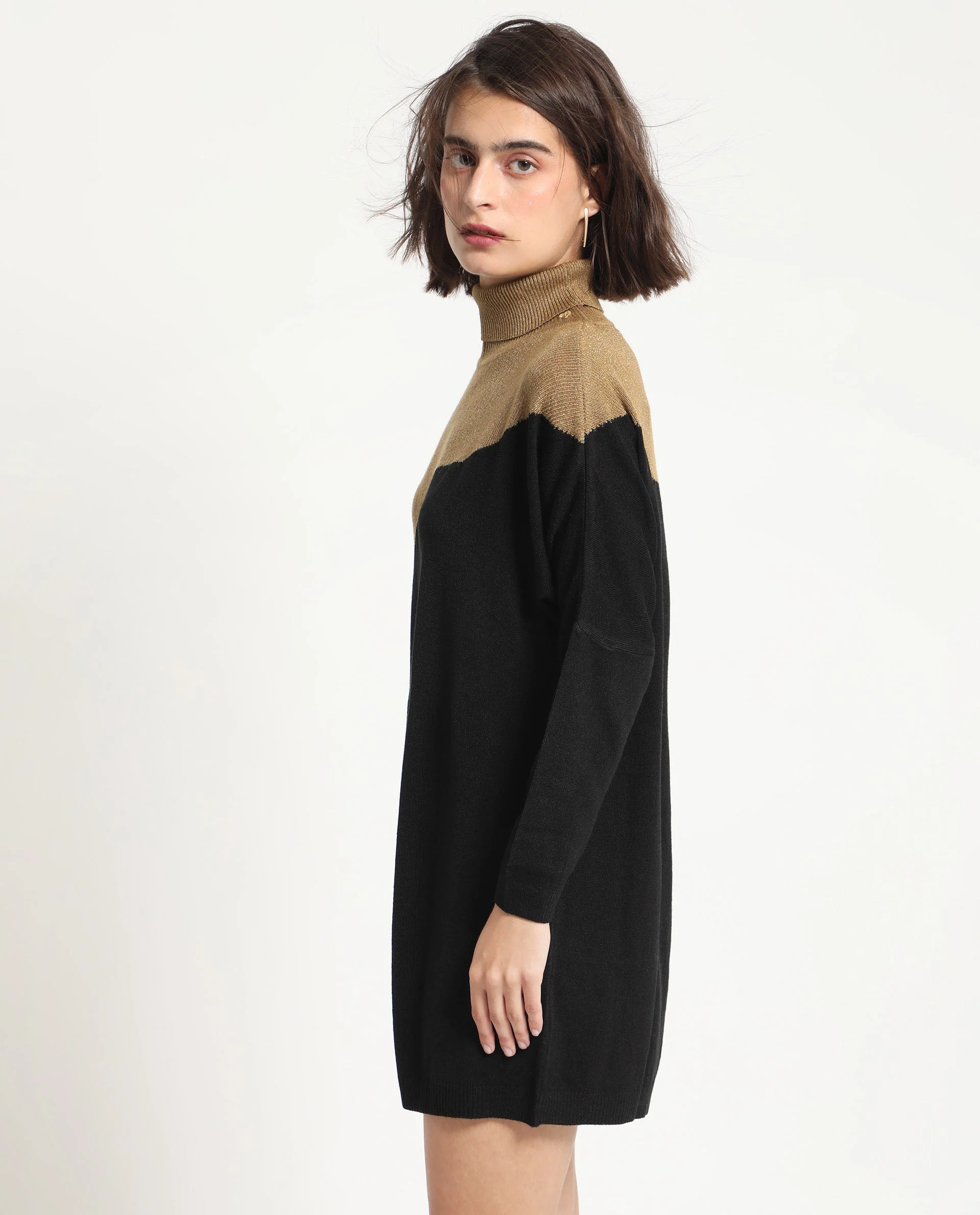 Rareism Women's Spaton 2 Black Acrylic High Neck Color Block Knee Length Regular Fit Sweater - Image 5