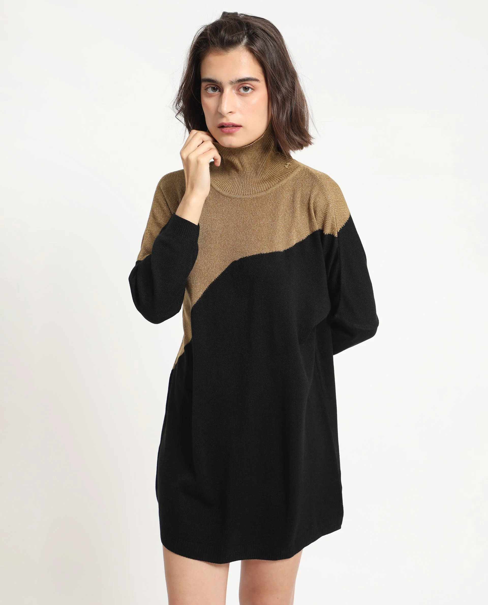 Rareism Women's Spaton 2 Black Acrylic High Neck Color Block Knee Length Regular Fit Sweater - Image 6