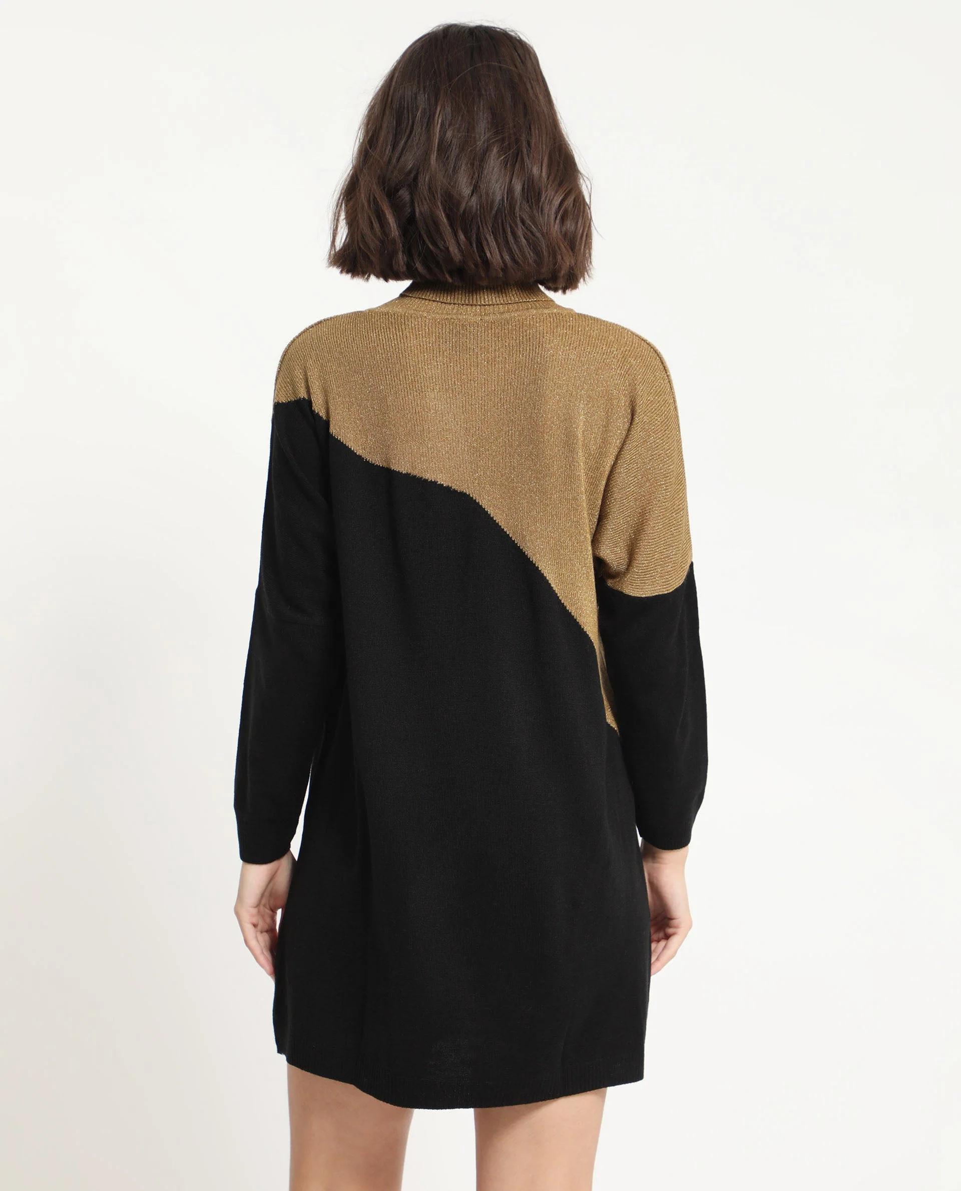 Rareism Women's Spaton 2 Black Acrylic High Neck Color Block Knee Length Regular Fit Sweater - Image 7