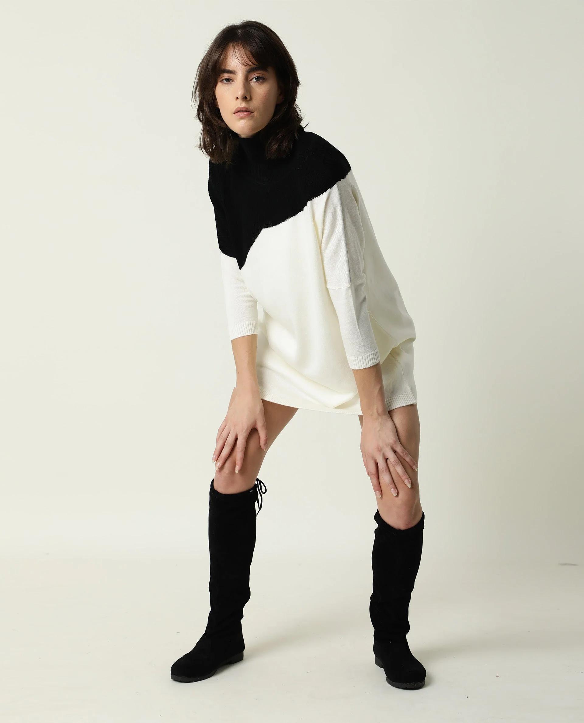 Rareism Women's Spaton Black Acrylic High Neck Color Block Knee Length Regular Fit Sweater