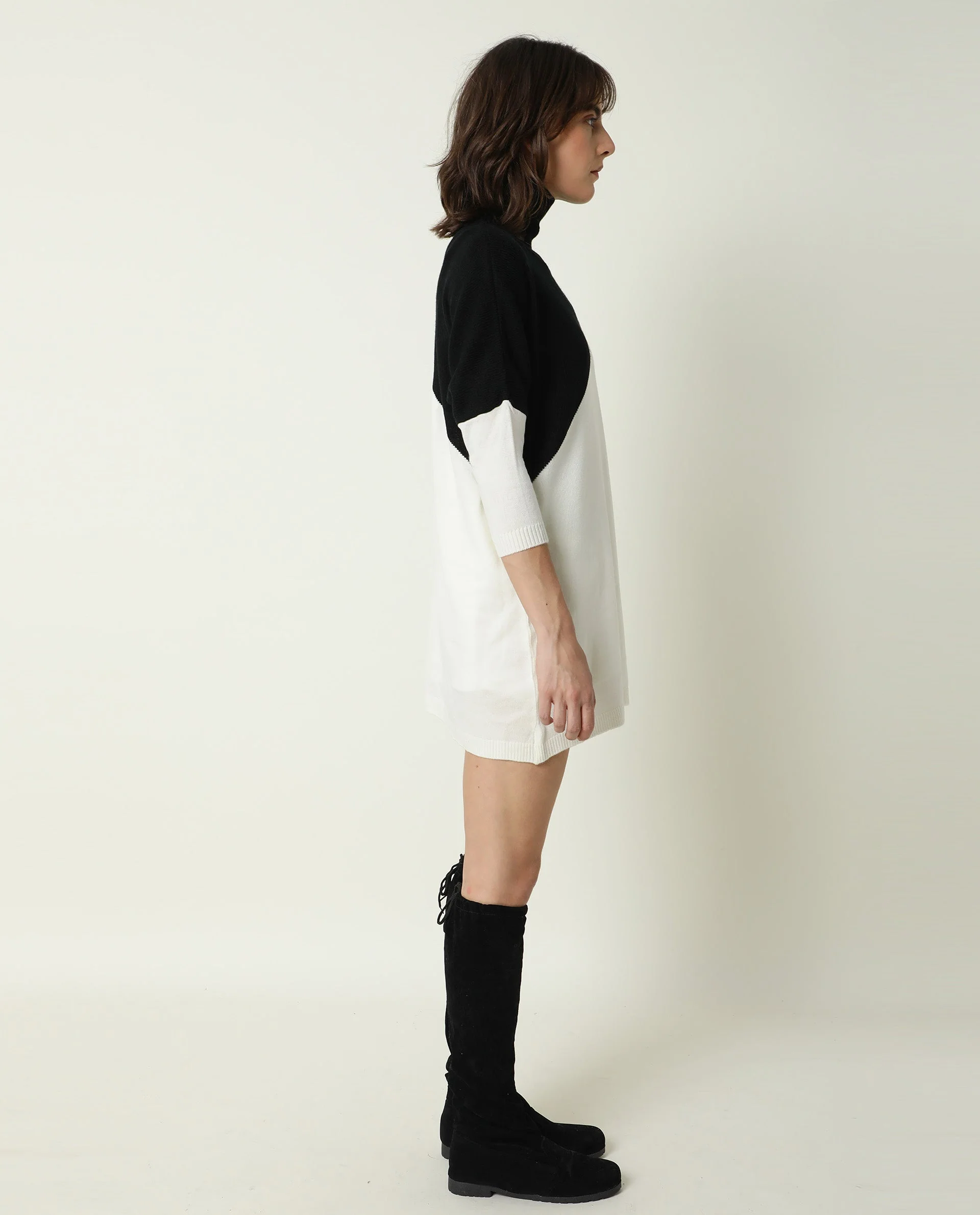 Rareism Women's Spaton Black Acrylic High Neck Color Block Knee Length Regular Fit Sweater - Image 10