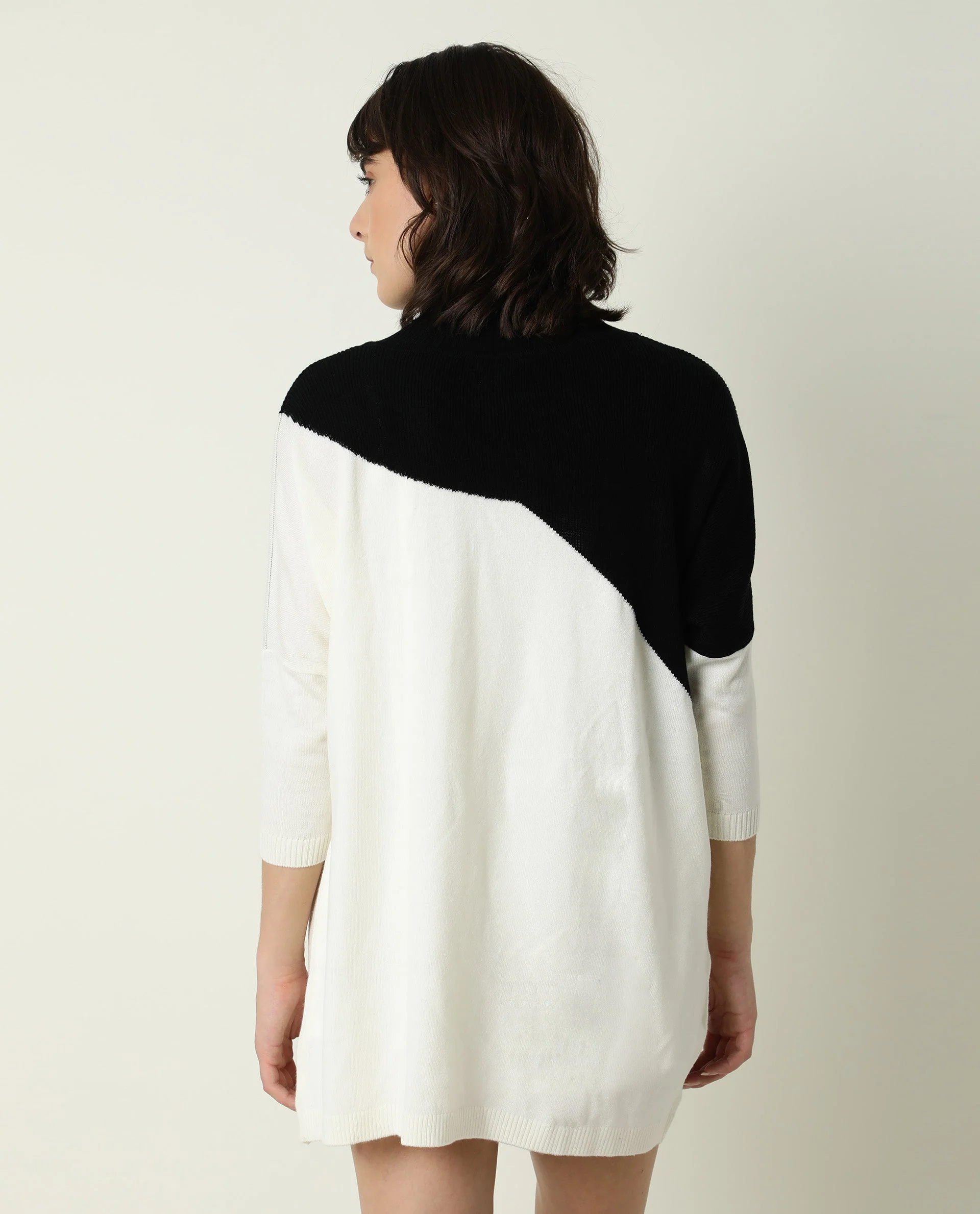 Rareism Women's Spaton Black Acrylic High Neck Color Block Knee Length Regular Fit Sweater - Image 11