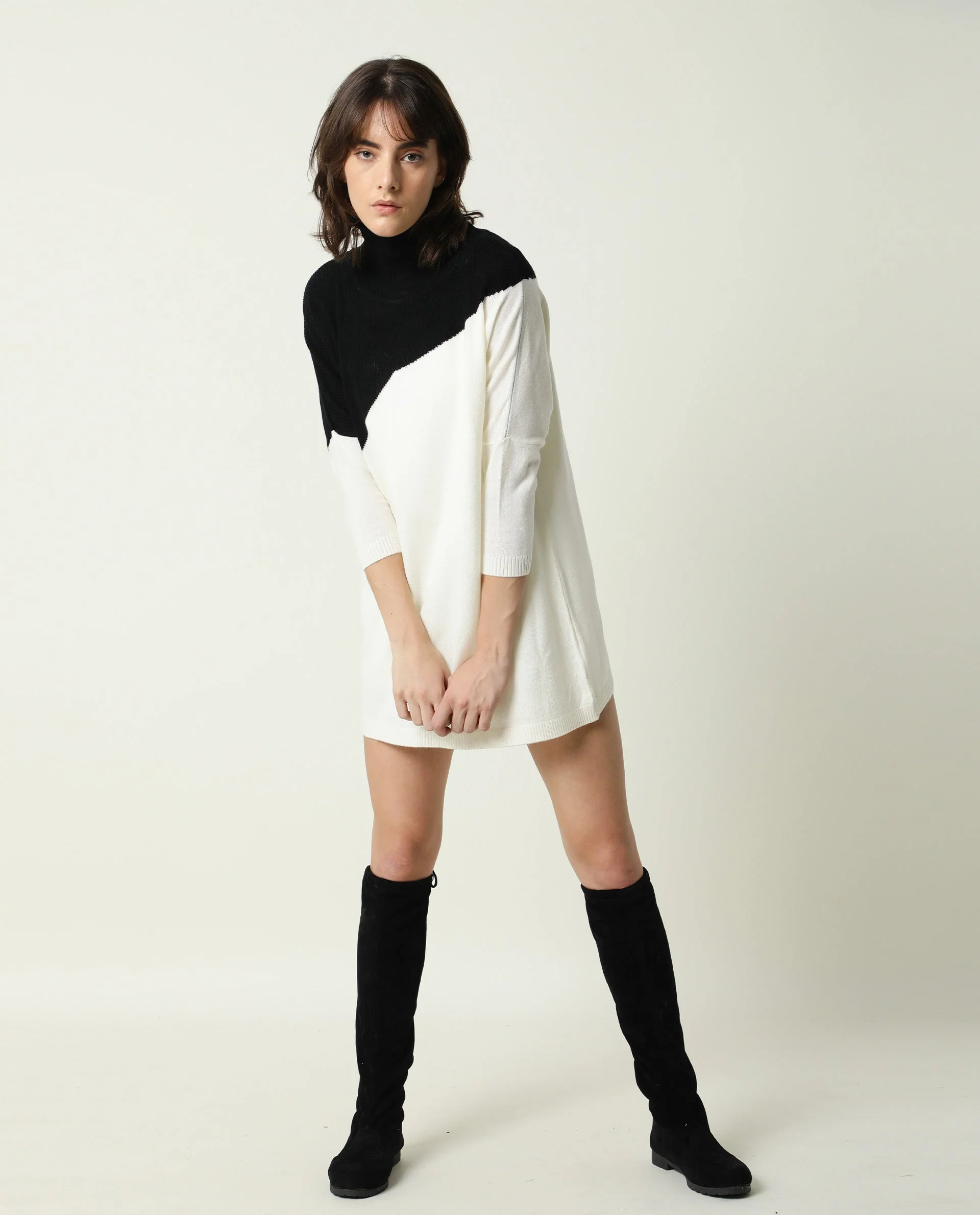 Rareism Women's Spaton Black Acrylic High Neck Color Block Knee Length Regular Fit Sweater - Image 2