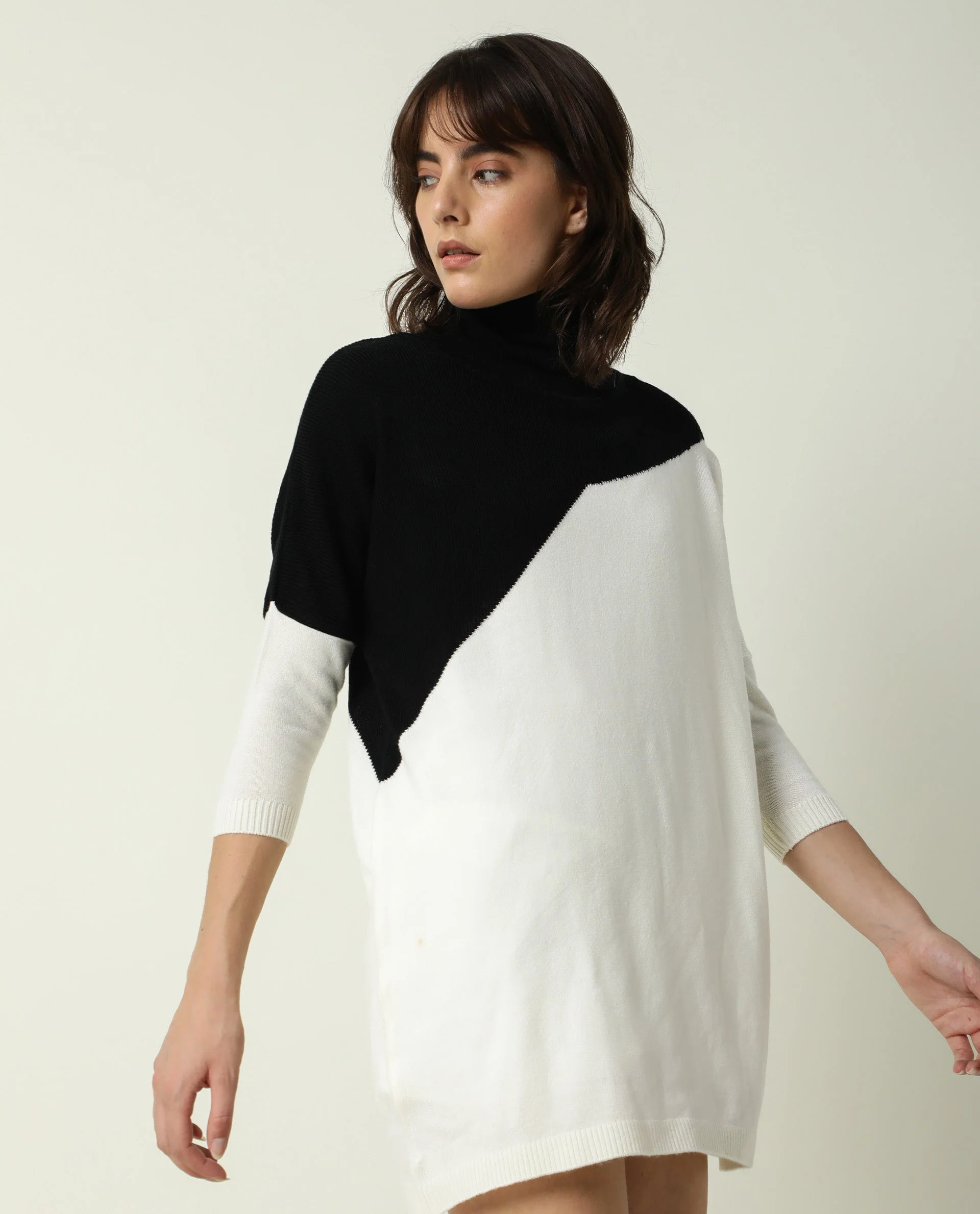 Rareism Women's Spaton Black Acrylic High Neck Color Block Knee Length Regular Fit Sweater - Image 4