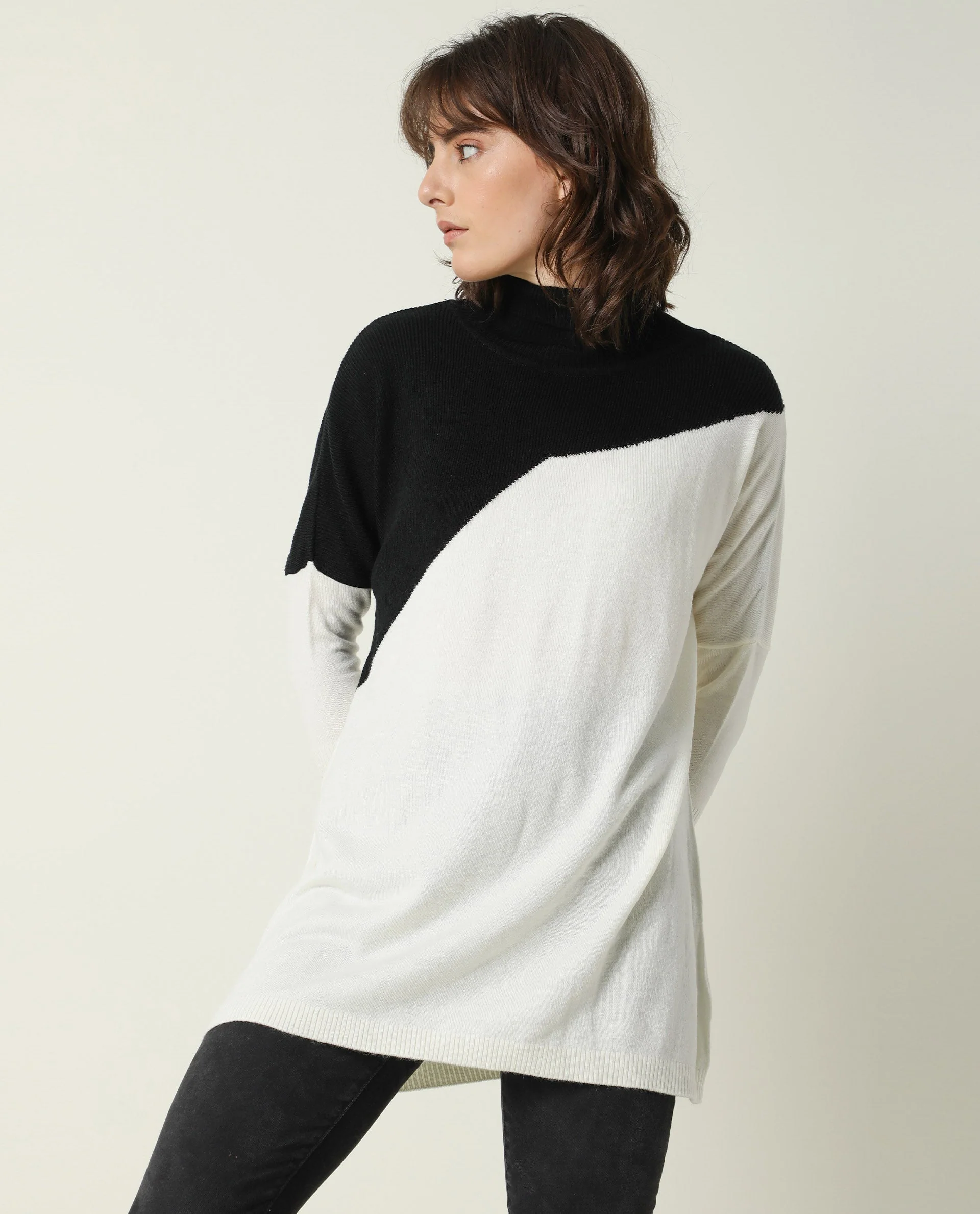 Rareism Women's Spaton Black Acrylic High Neck Color Block Knee Length Regular Fit Sweater - Image 5