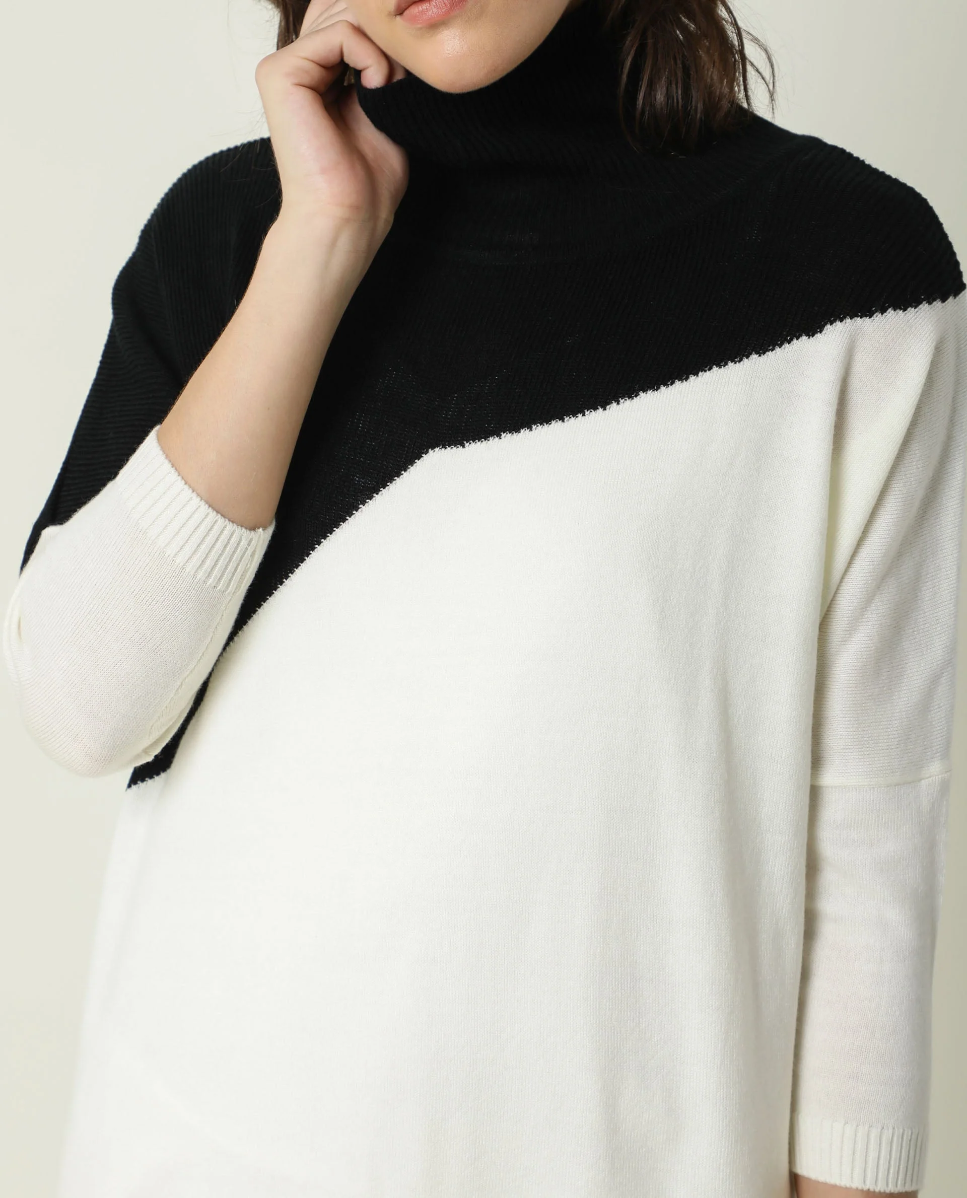 Rareism Women's Spaton Black Acrylic High Neck Color Block Knee Length Regular Fit Sweater - Image 6