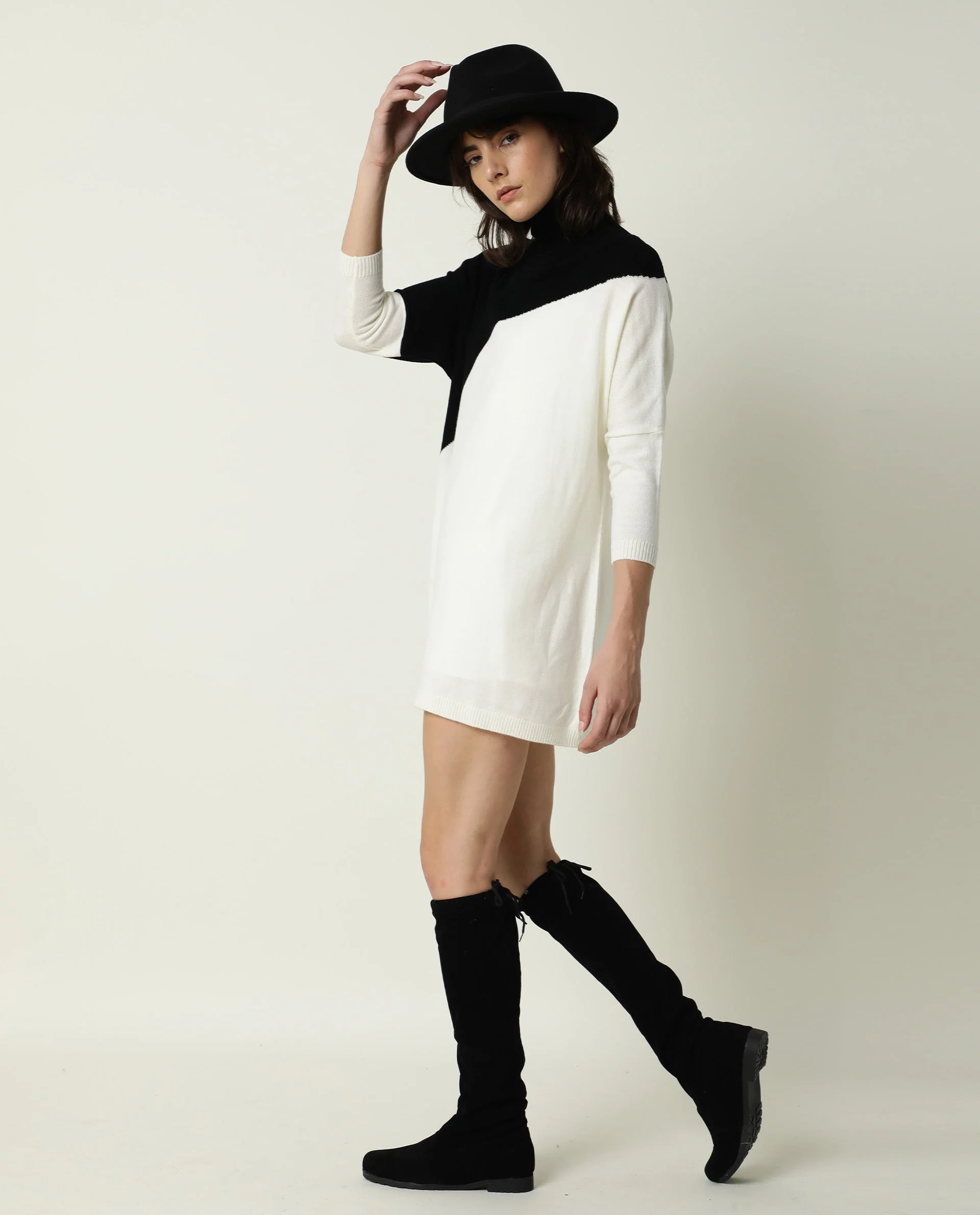 Rareism Women's Spaton Black Acrylic High Neck Color Block Knee Length Regular Fit Sweater - Image 8