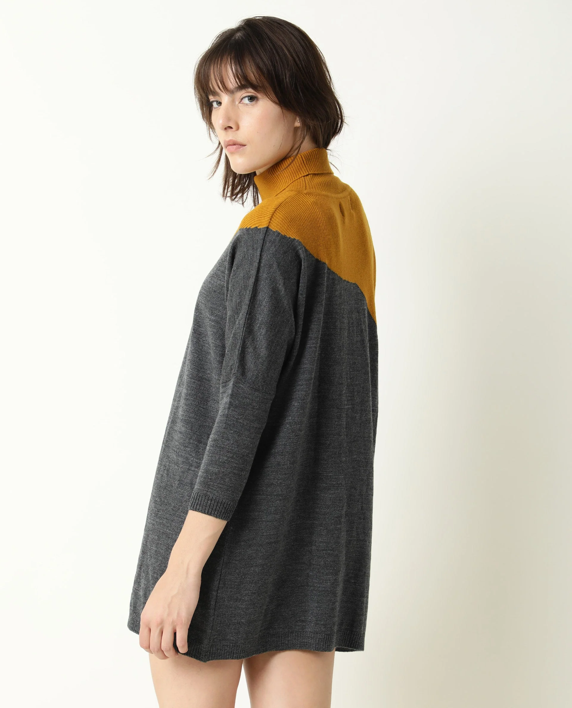 Rareism Women's Spaton Grey Acrylic High Neck Color Block Knee Length Regular Fit Sweater - Image 10