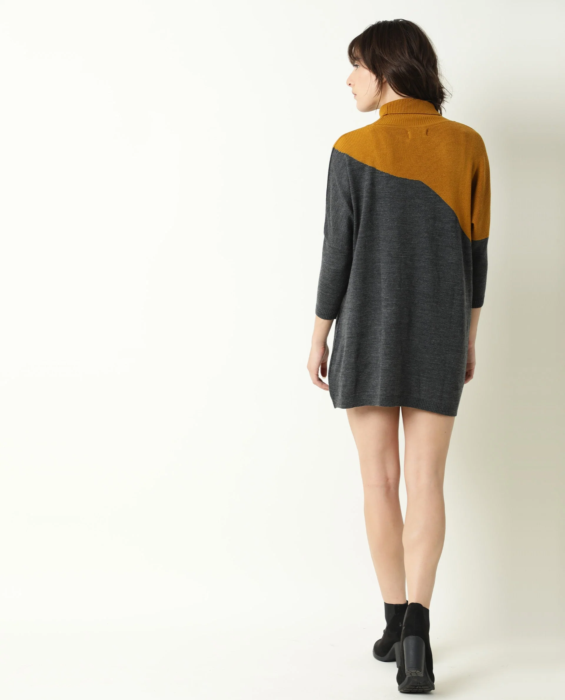 Rareism Women's Spaton Grey Acrylic High Neck Color Block Knee Length Regular Fit Sweater - Image 11