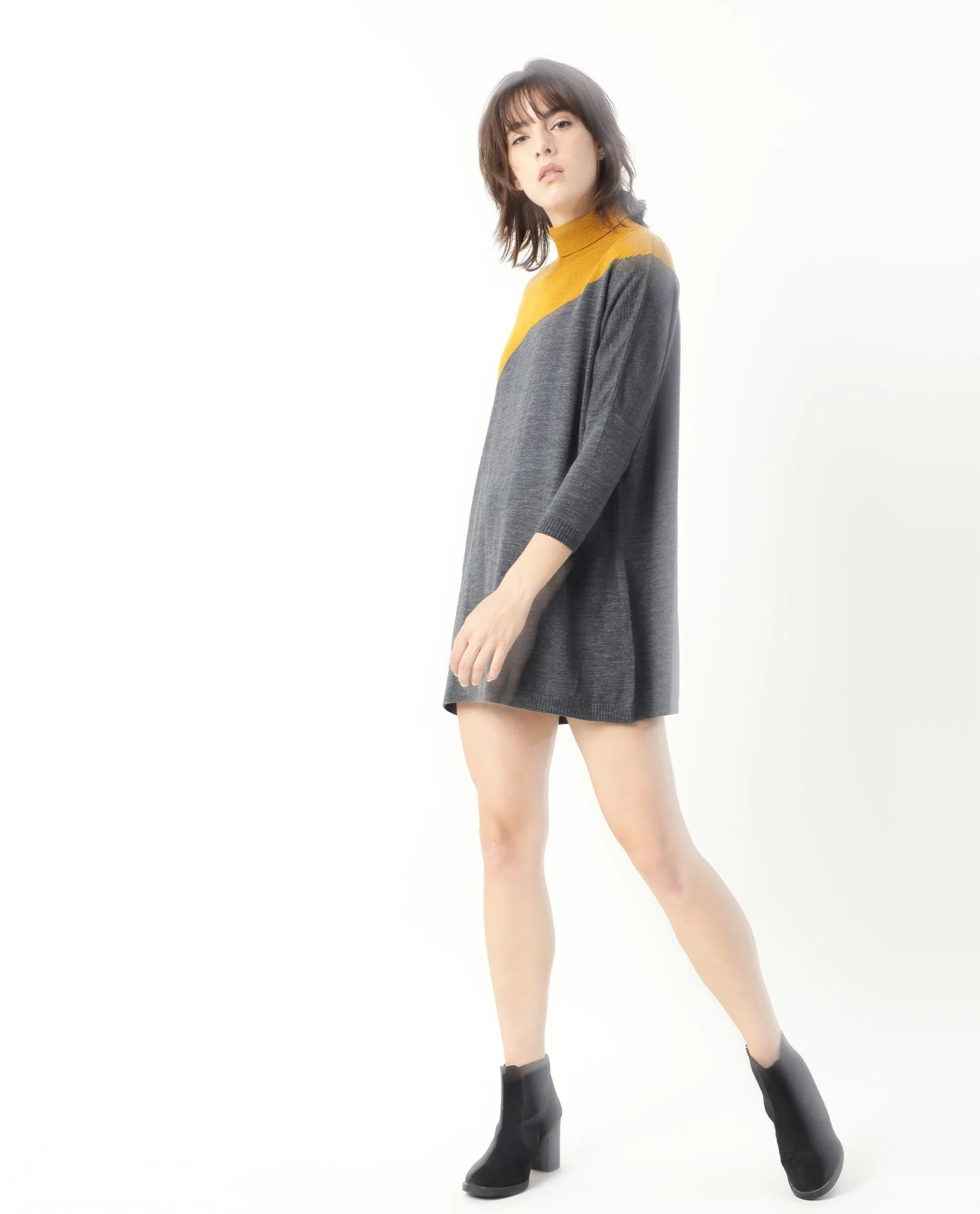 Rareism Women's Spaton Grey Acrylic High Neck Color Block Knee Length Regular Fit Sweater - Image 2