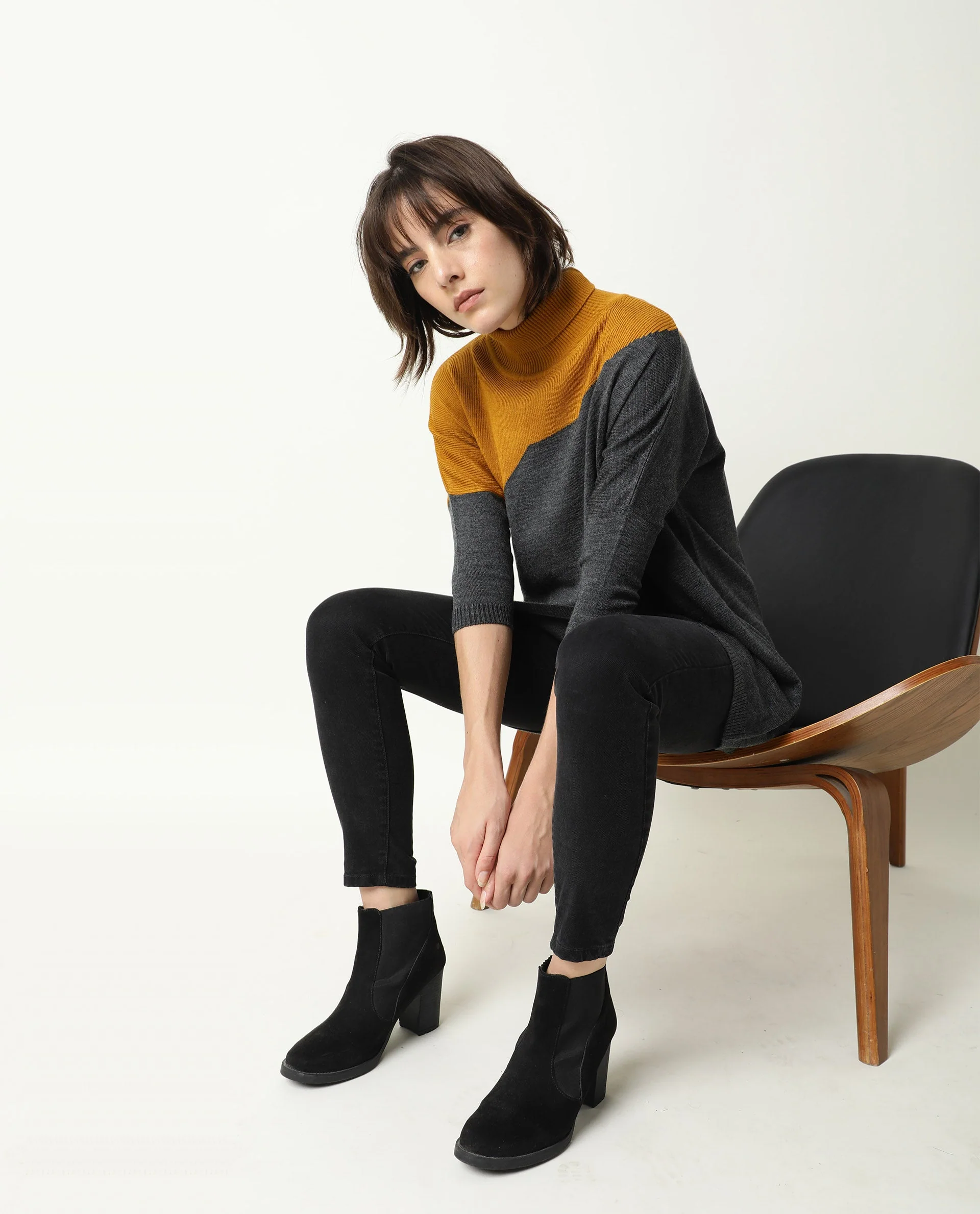 Rareism Women's Spaton Grey Acrylic High Neck Color Block Knee Length Regular Fit Sweater - Image 3