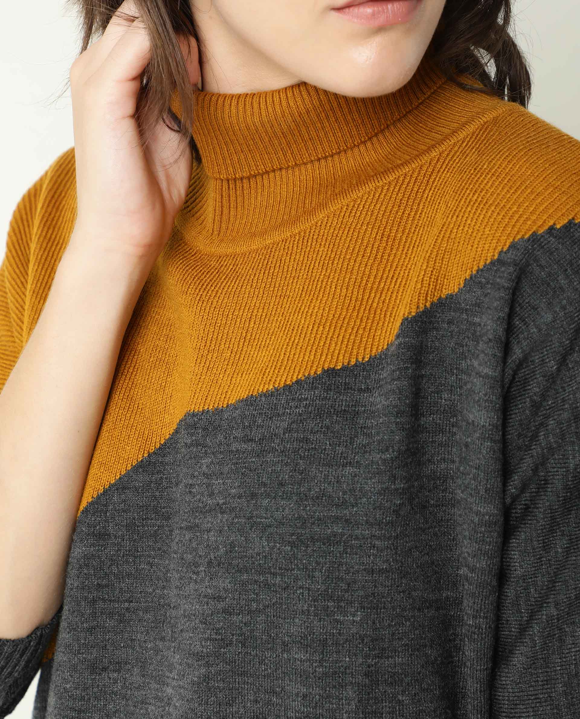 Rareism Women's Spaton Grey Acrylic High Neck Color Block Knee Length Regular Fit Sweater - Image 4