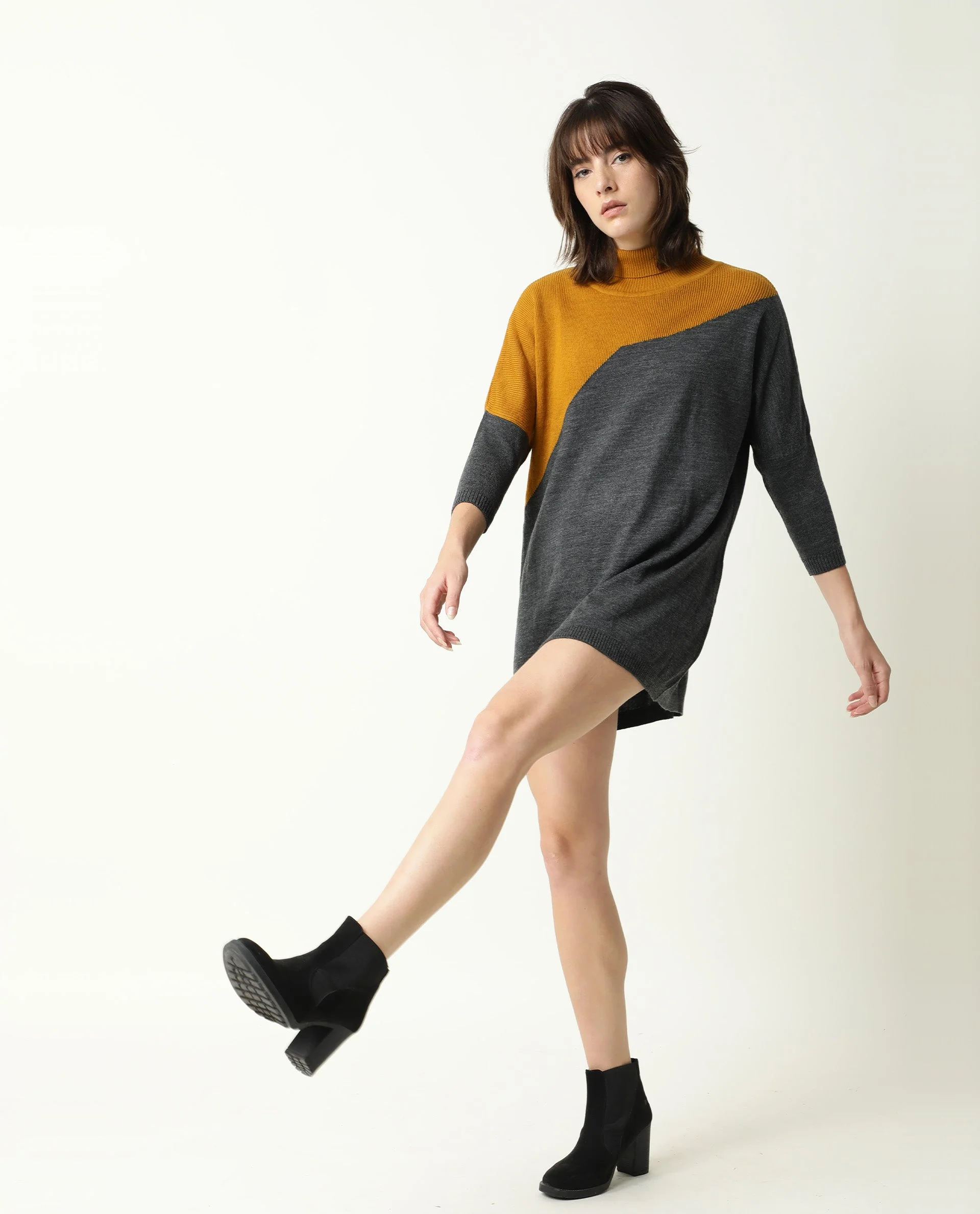 Rareism Women's Spaton Grey Acrylic High Neck Color Block Knee Length Regular Fit Sweater - Image 6