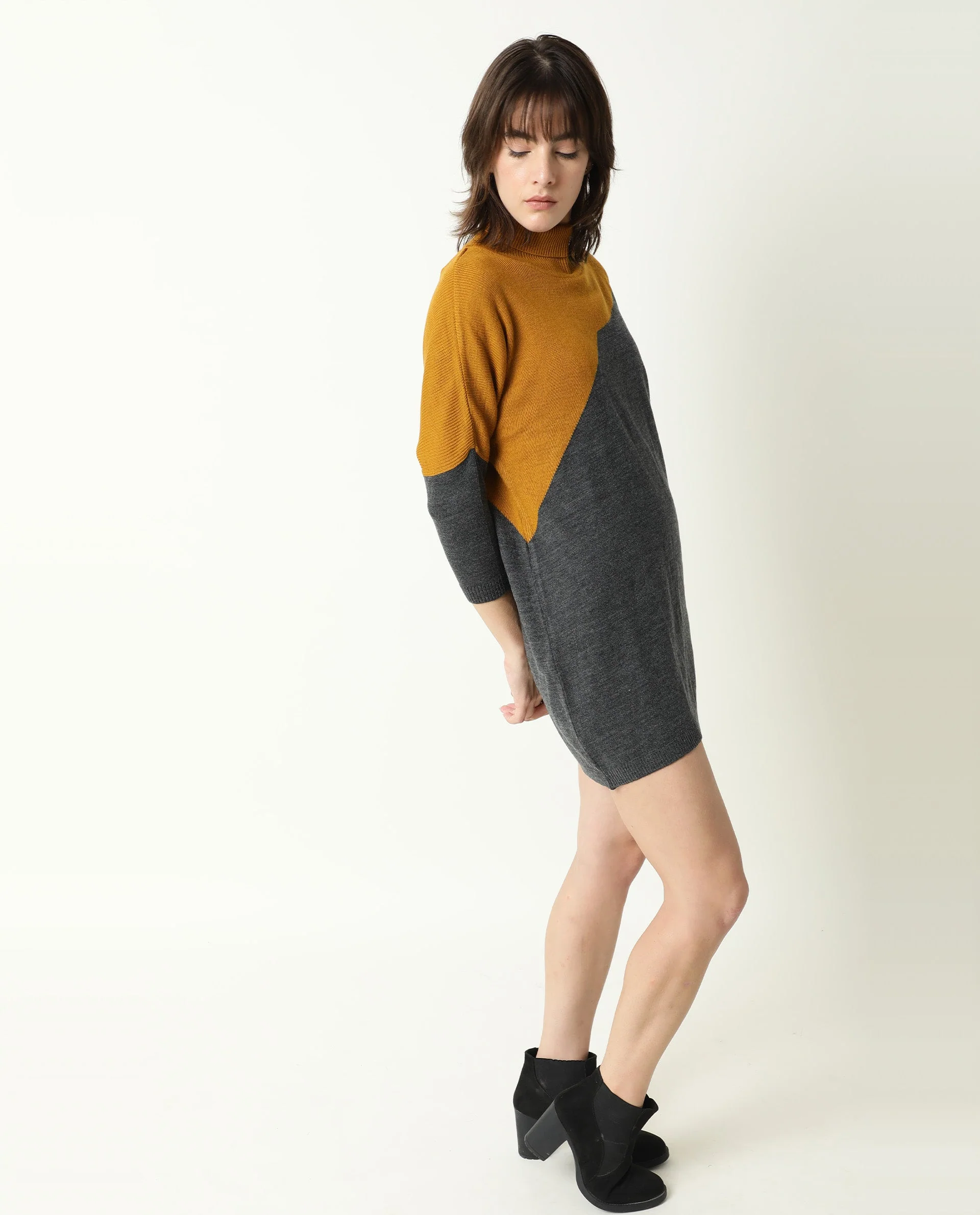 Rareism Women's Spaton Grey Acrylic High Neck Color Block Knee Length Regular Fit Sweater - Image 7