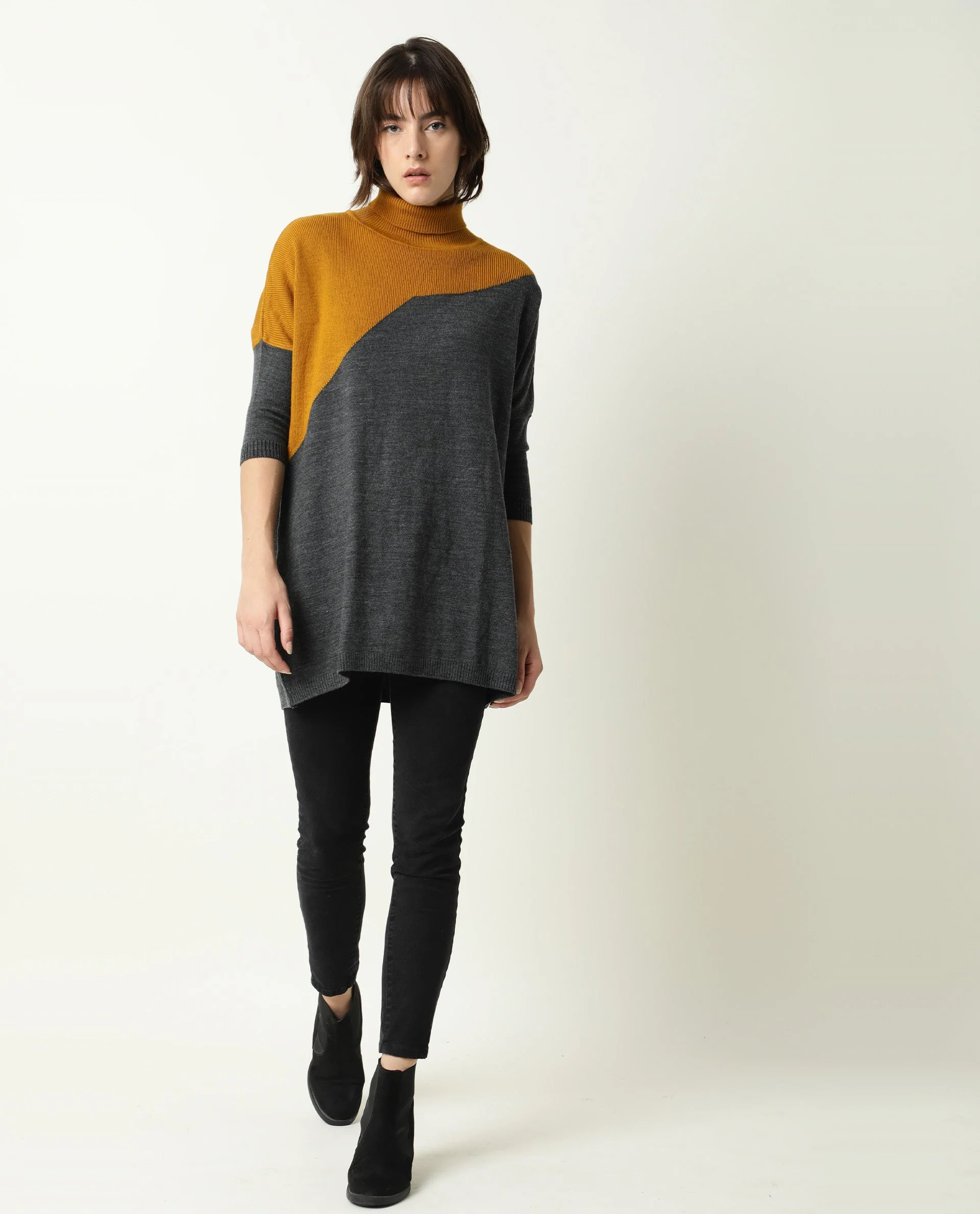 Rareism Women's Spaton Grey Acrylic High Neck Color Block Knee Length Regular Fit Sweater - Image 8