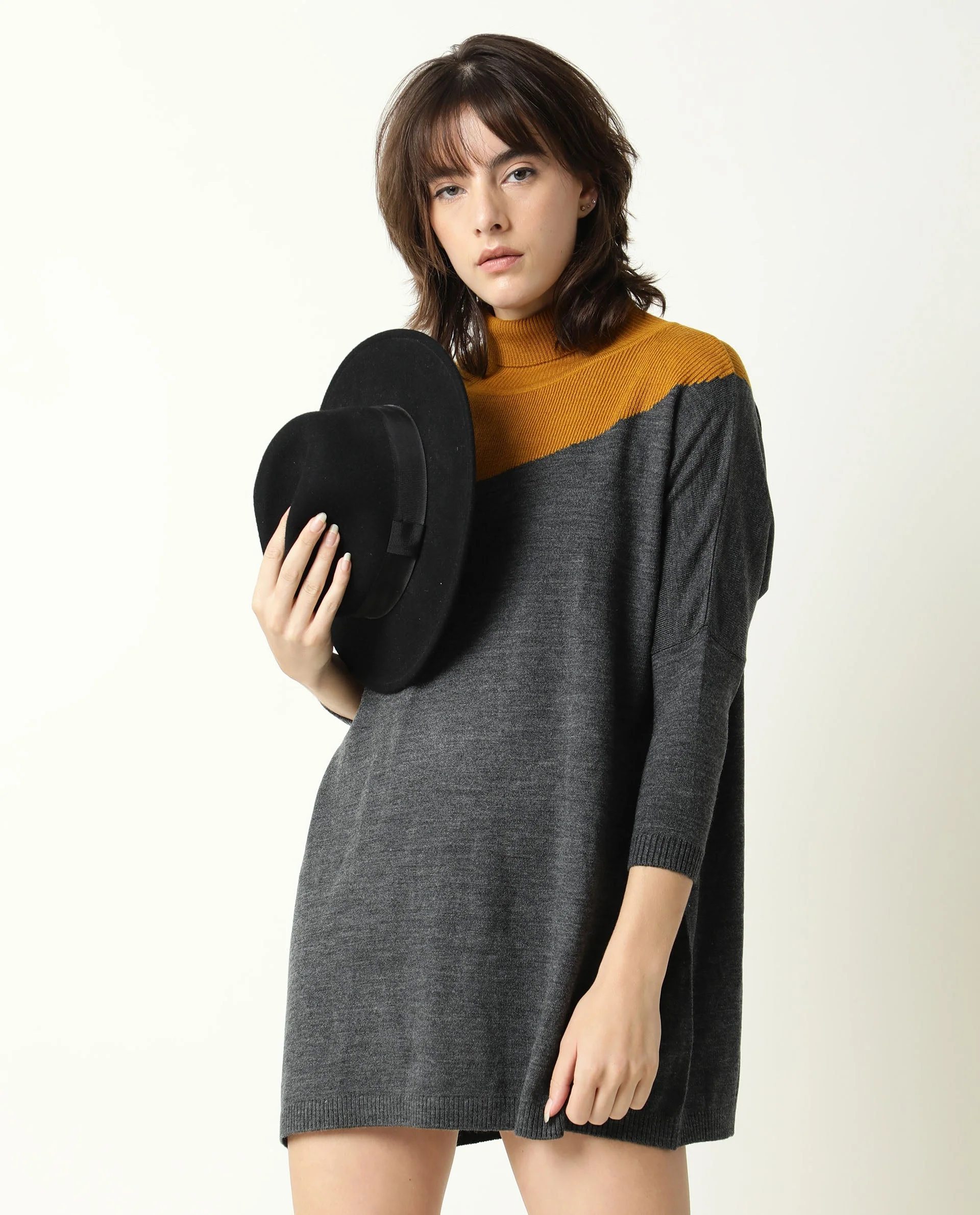 Rareism Women's Spaton Grey Acrylic High Neck Color Block Knee Length Regular Fit Sweater - Image 9