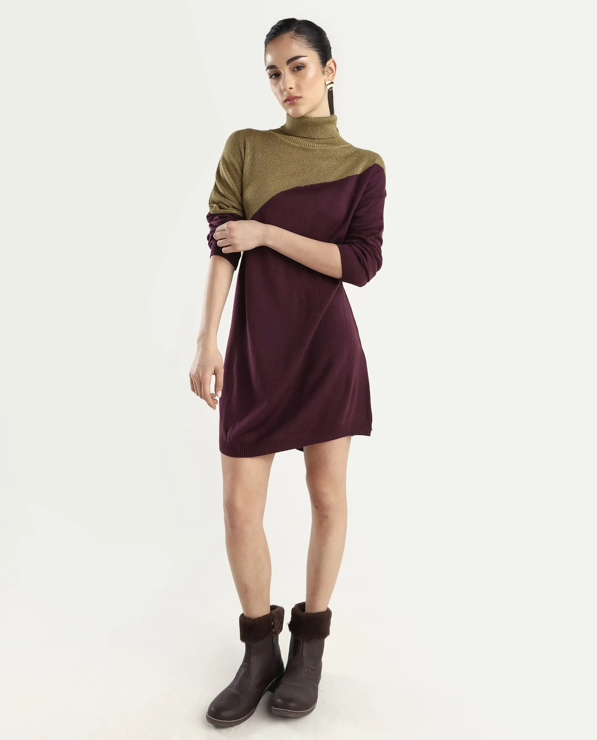 Rareism Women's Spaton Maroon Knit Turtle Neck Plain Knee Length Straight Fit Sweater