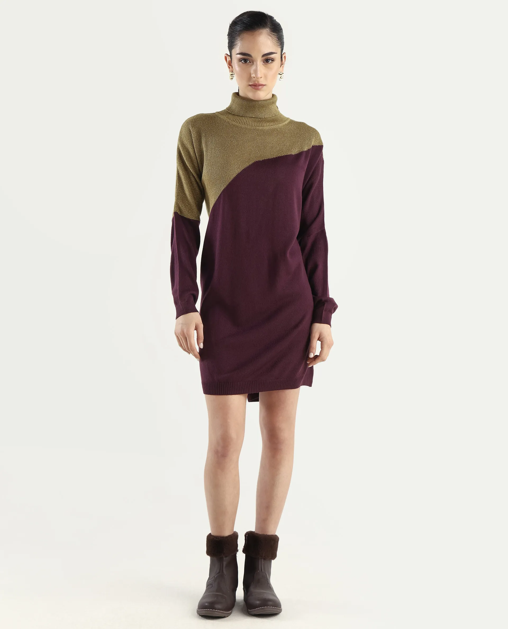 Rareism Women's Spaton Maroon Knit Turtle Neck Plain Knee Length Straight Fit Sweater - Image 2