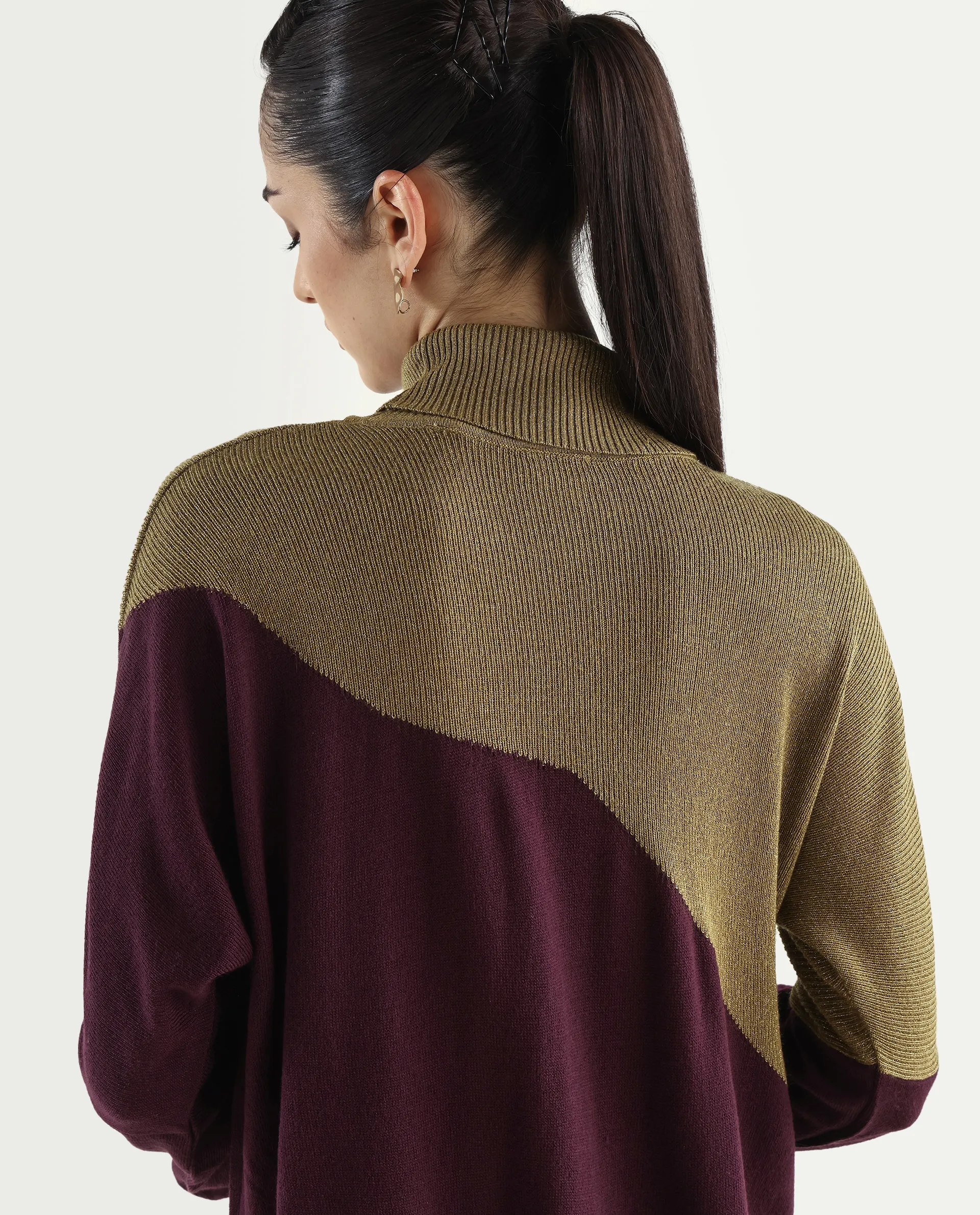 Rareism Women's Spaton Maroon Knit Turtle Neck Plain Knee Length Straight Fit Sweater - Image 5