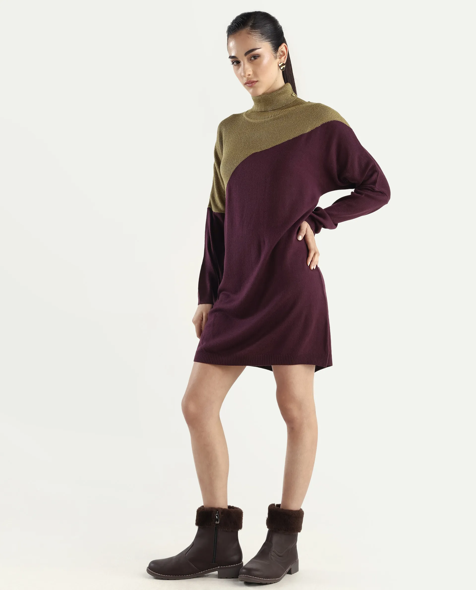 Rareism Women's Spaton Maroon Knit Turtle Neck Plain Knee Length Straight Fit Sweater - Image 6