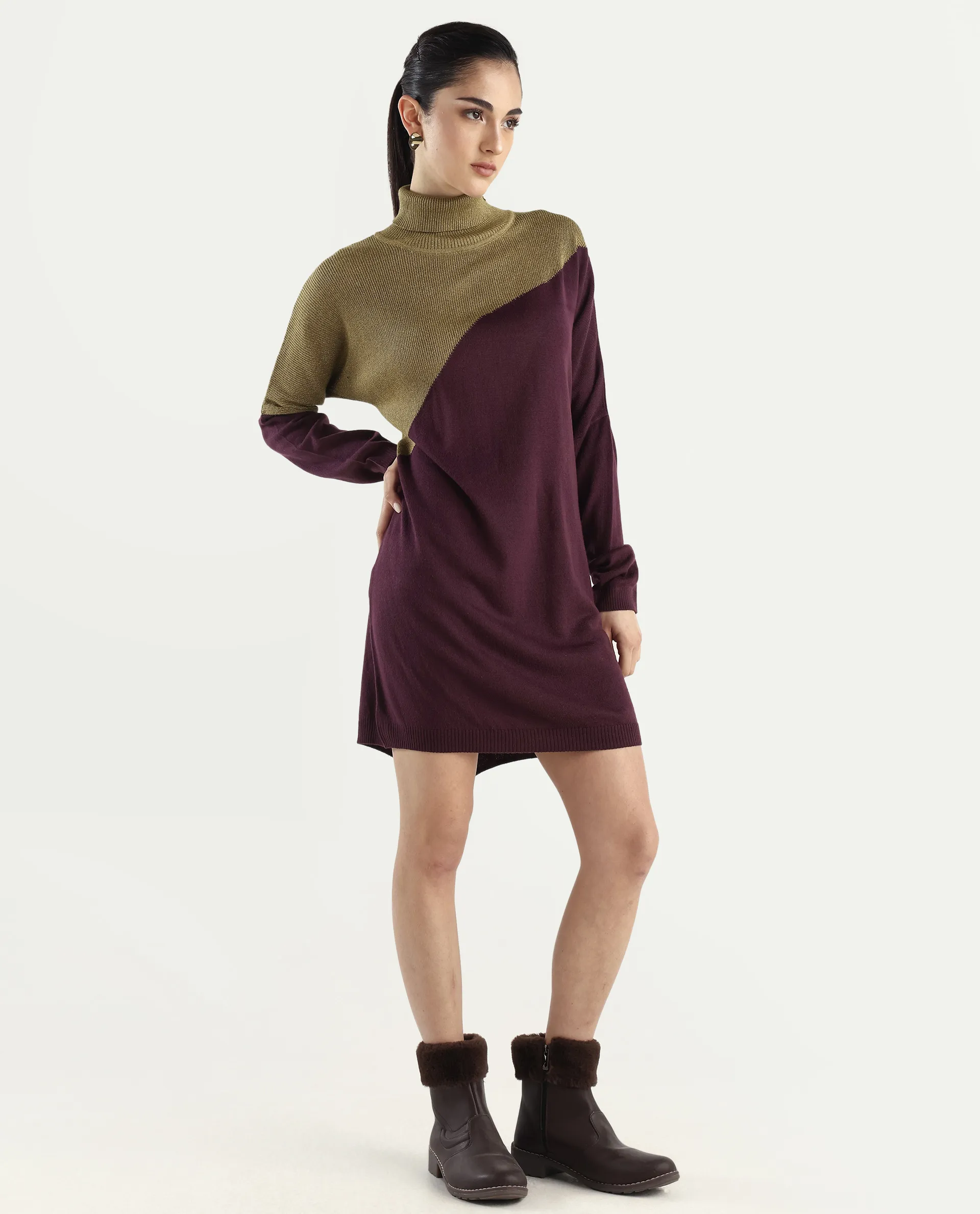 Rareism Women's Spaton Maroon Knit Turtle Neck Plain Knee Length Straight Fit Sweater - Image 7