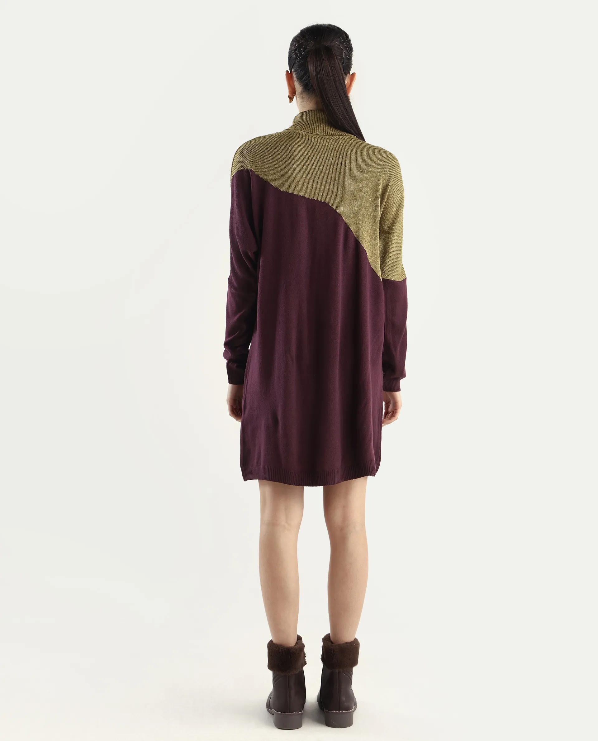 Rareism Women's Spaton Maroon Knit Turtle Neck Plain Knee Length Straight Fit Sweater - Image 8