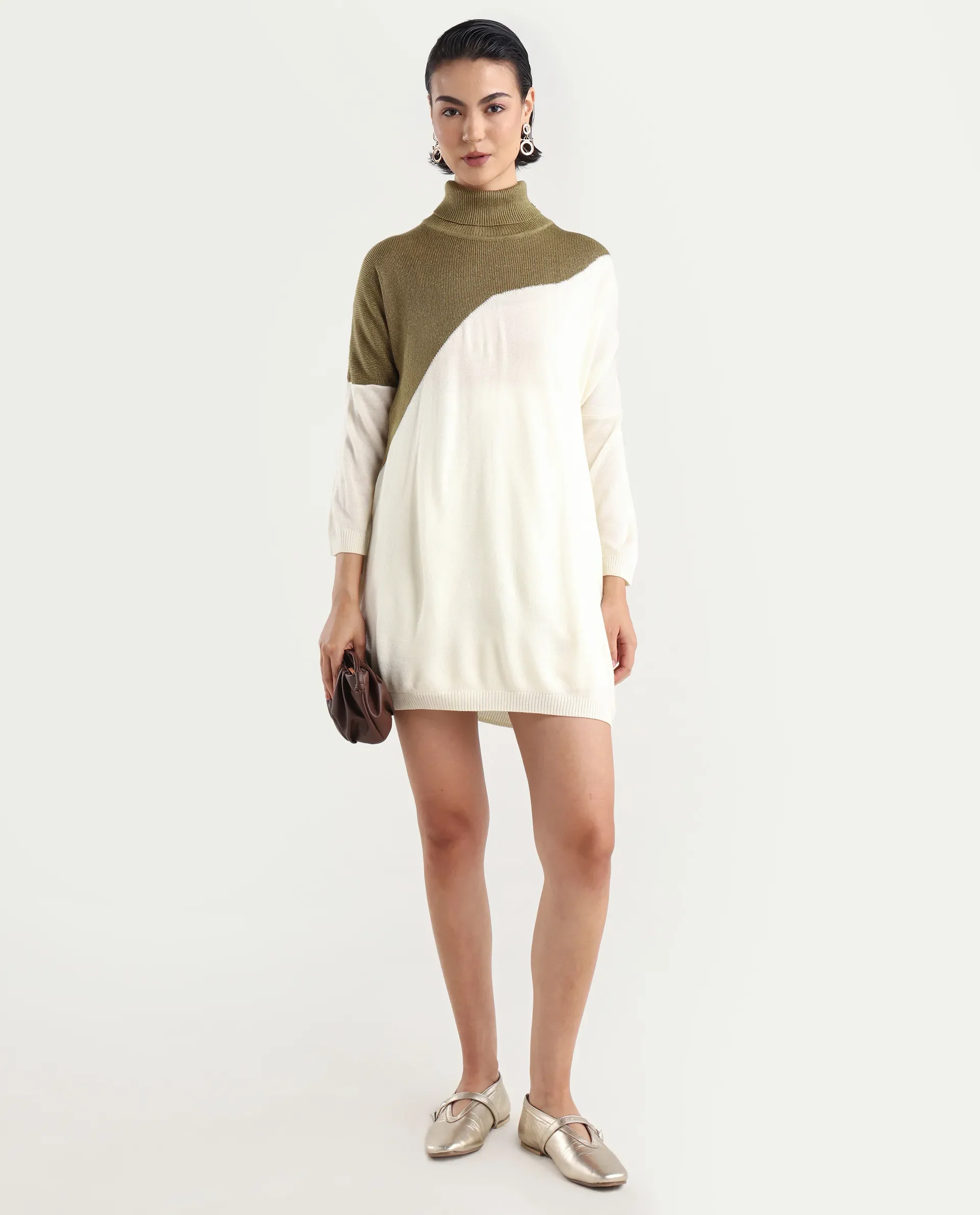 Rareism Women's Spaton White Knit Turtle Neck Plain Knee Length Straight Fit Sweater - Image 2