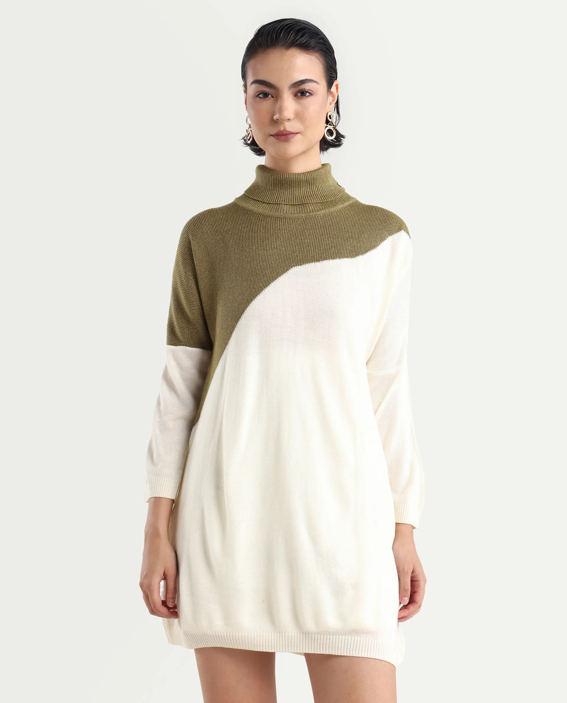 Rareism Women's Spaton White Knit Turtle Neck Plain Knee Length Straight Fit Sweater - Image 3
