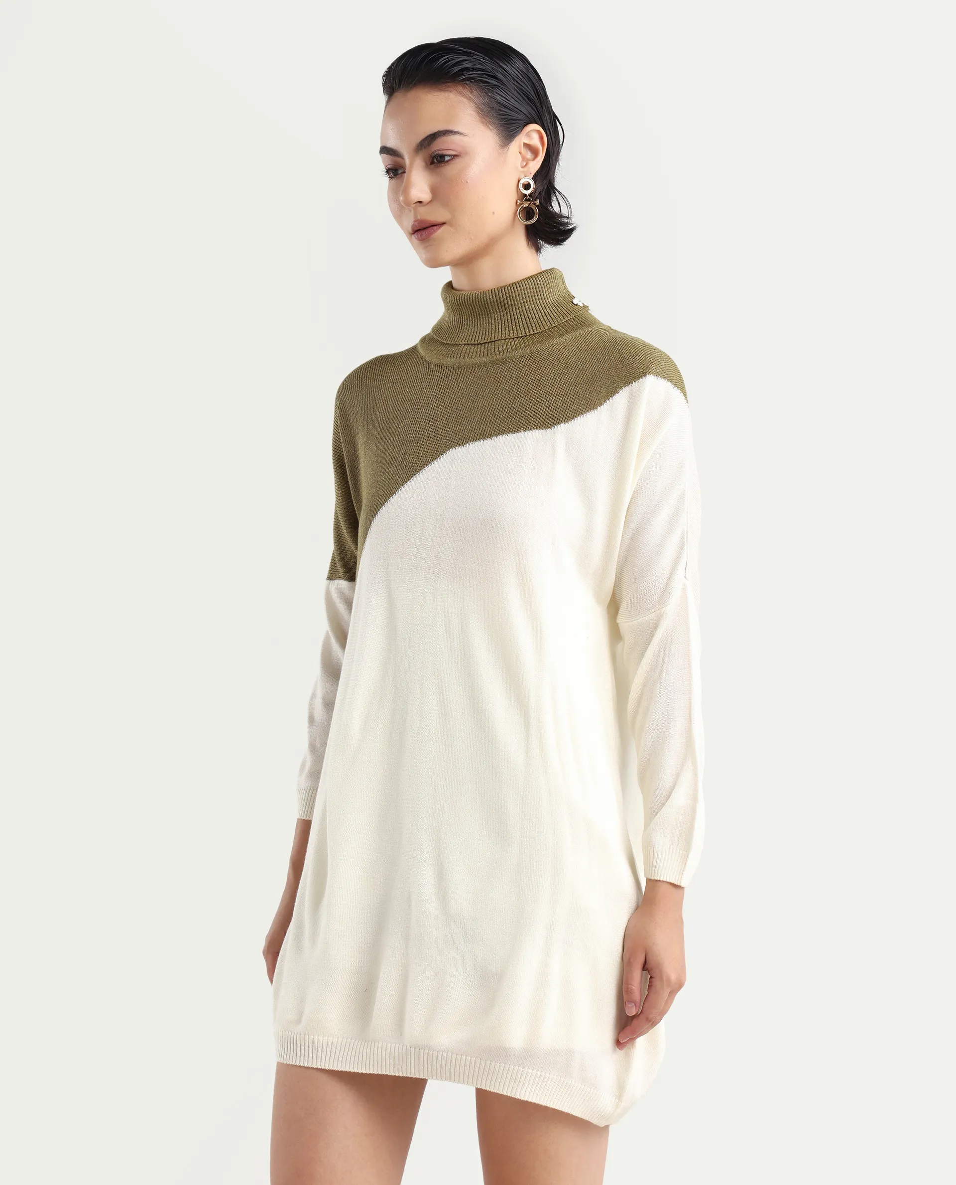 Rareism Women's Spaton White Knit Turtle Neck Plain Knee Length Straight Fit Sweater - Image 5