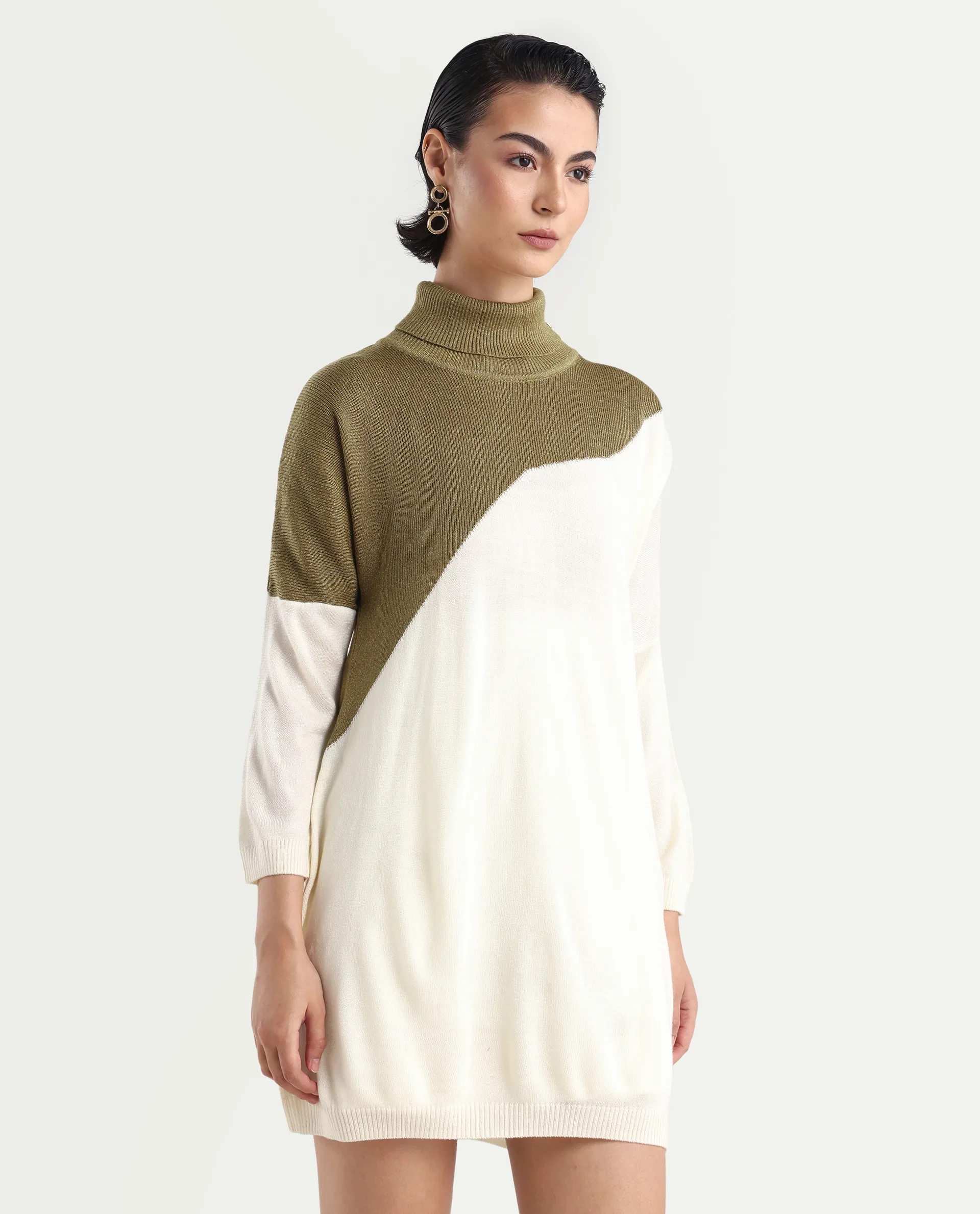 Rareism Women's Spaton White Knit Turtle Neck Plain Knee Length Straight Fit Sweater - Image 6