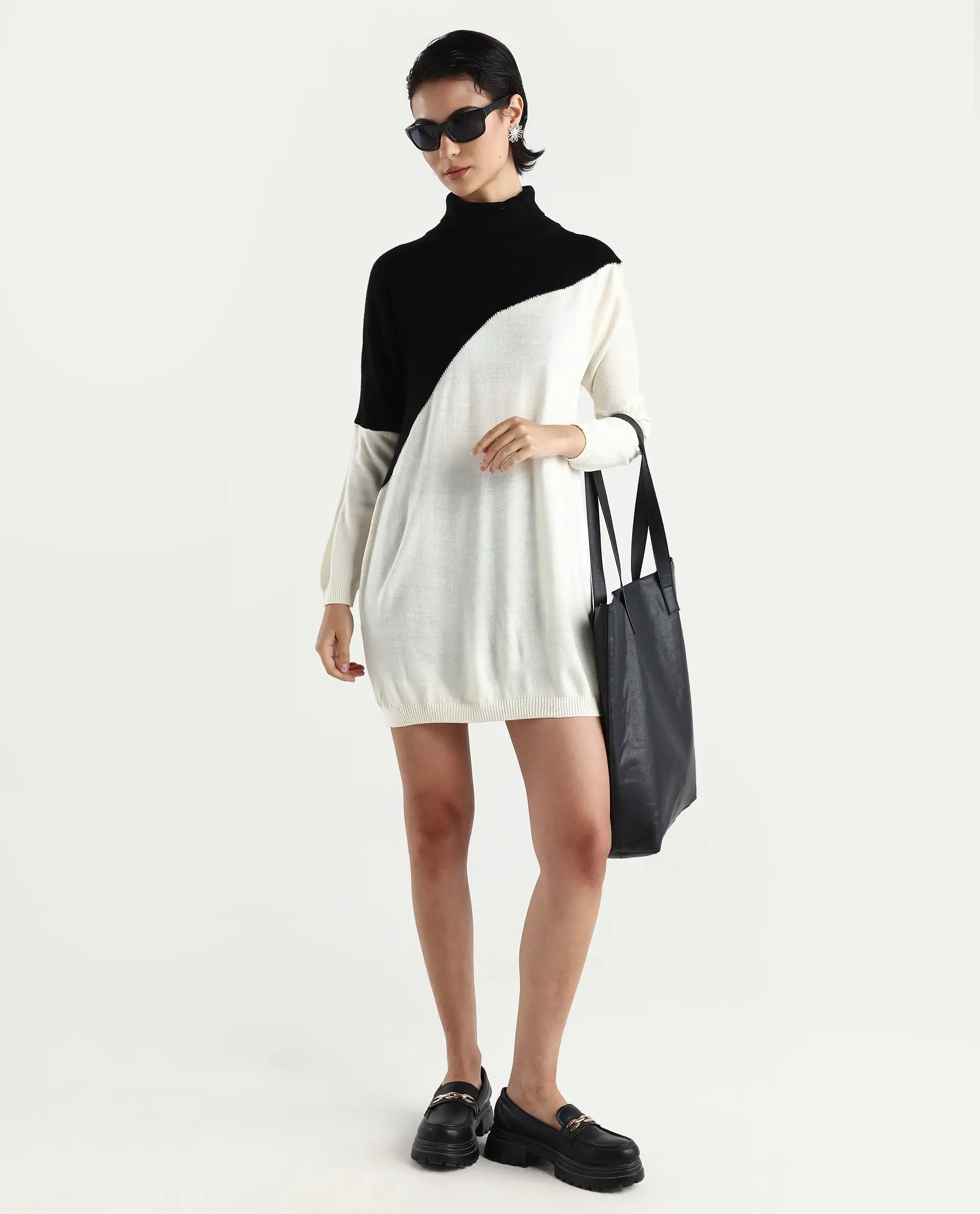 Rareism Women's Spaton 2 White Acrylic High Neck Color Block Knee Length Regular Fit Sweater - Image 2
