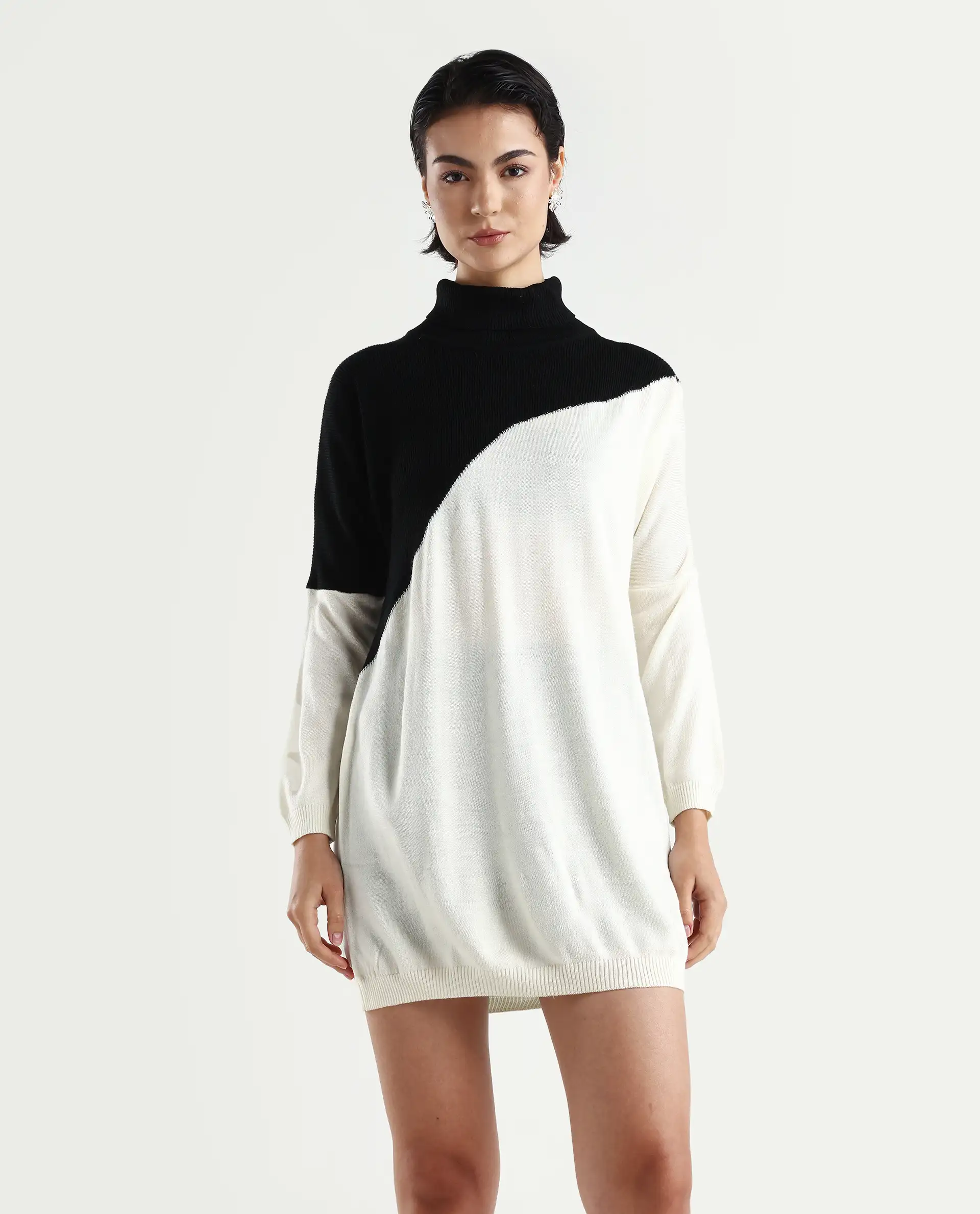 Rareism Women's Spaton 2 White Acrylic High Neck Color Block Knee Length Regular Fit Sweater - Image 3