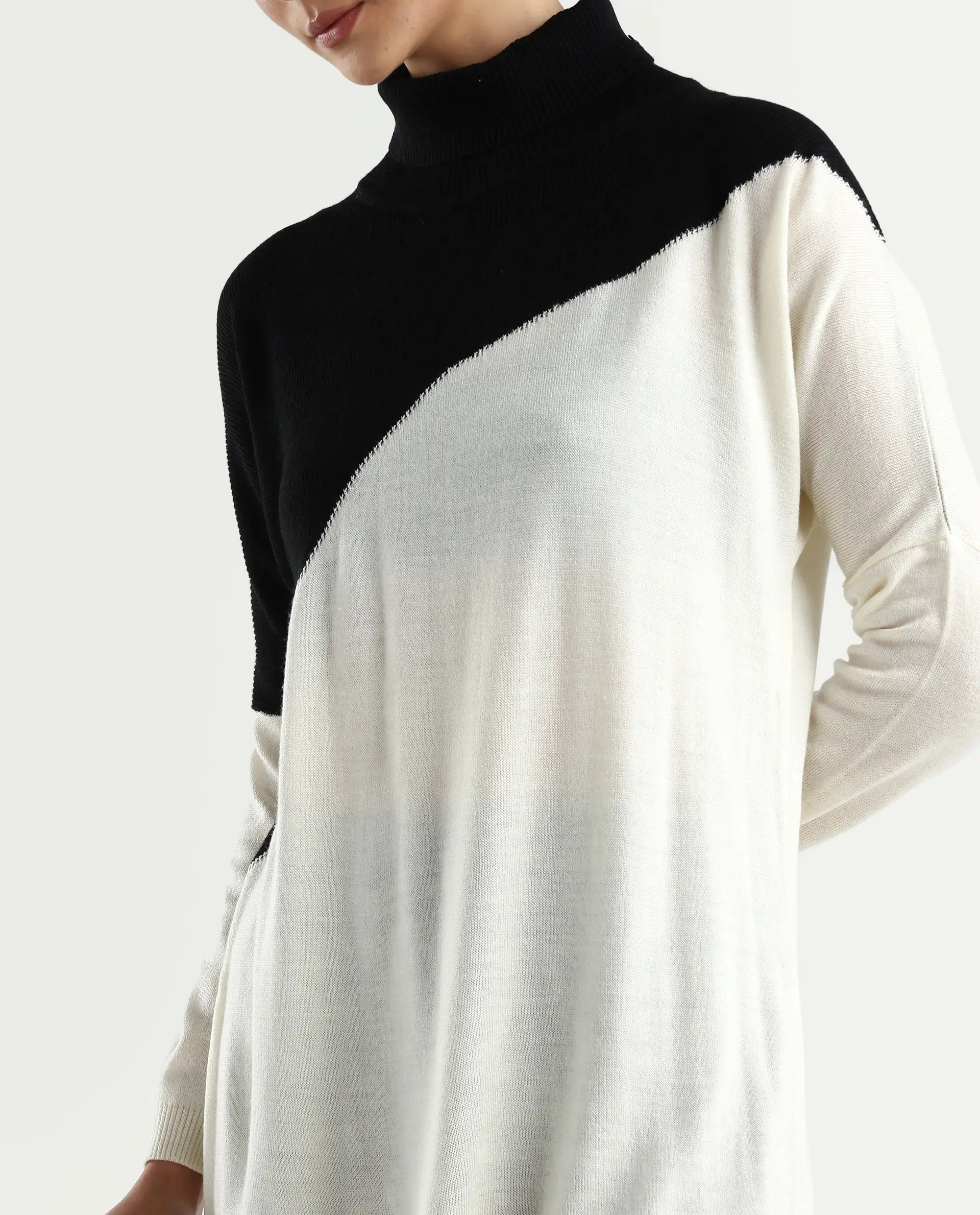 Rareism Women's Spaton 2 White Acrylic High Neck Color Block Knee Length Regular Fit Sweater - Image 4