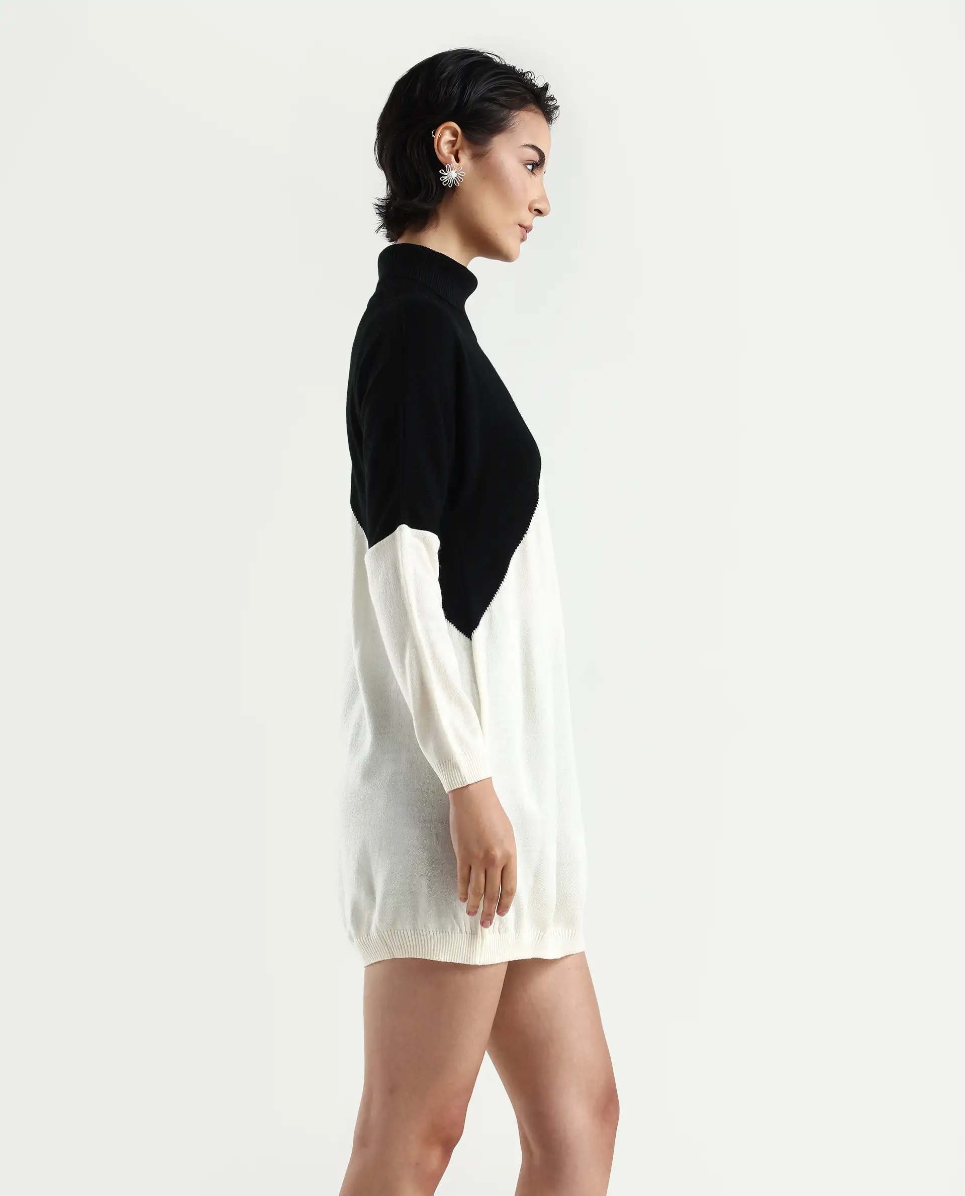 Rareism Women's Spaton 2 White Acrylic High Neck Color Block Knee Length Regular Fit Sweater - Image 6