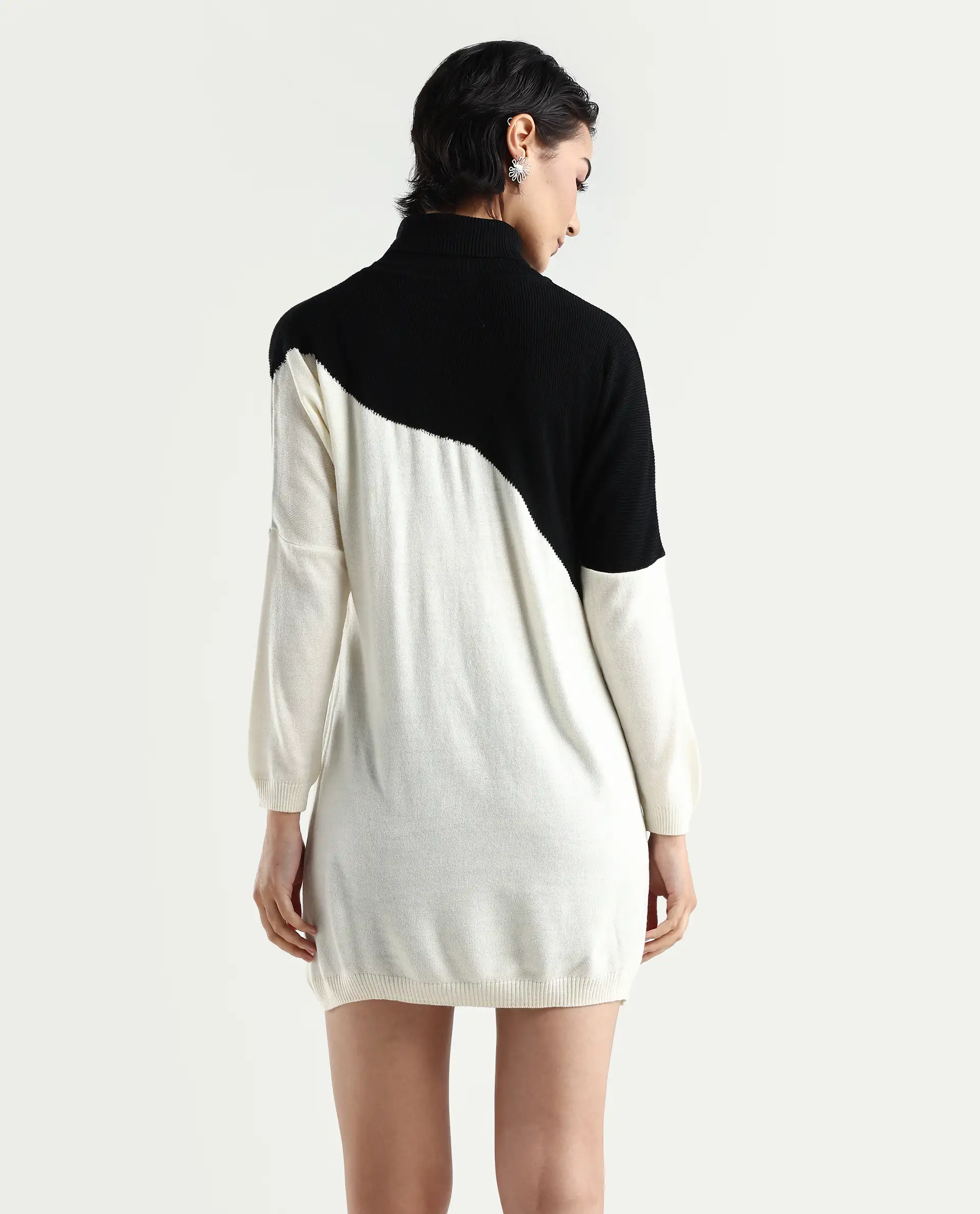Rareism Women's Spaton 2 White Acrylic High Neck Color Block Knee Length Regular Fit Sweater - Image 7