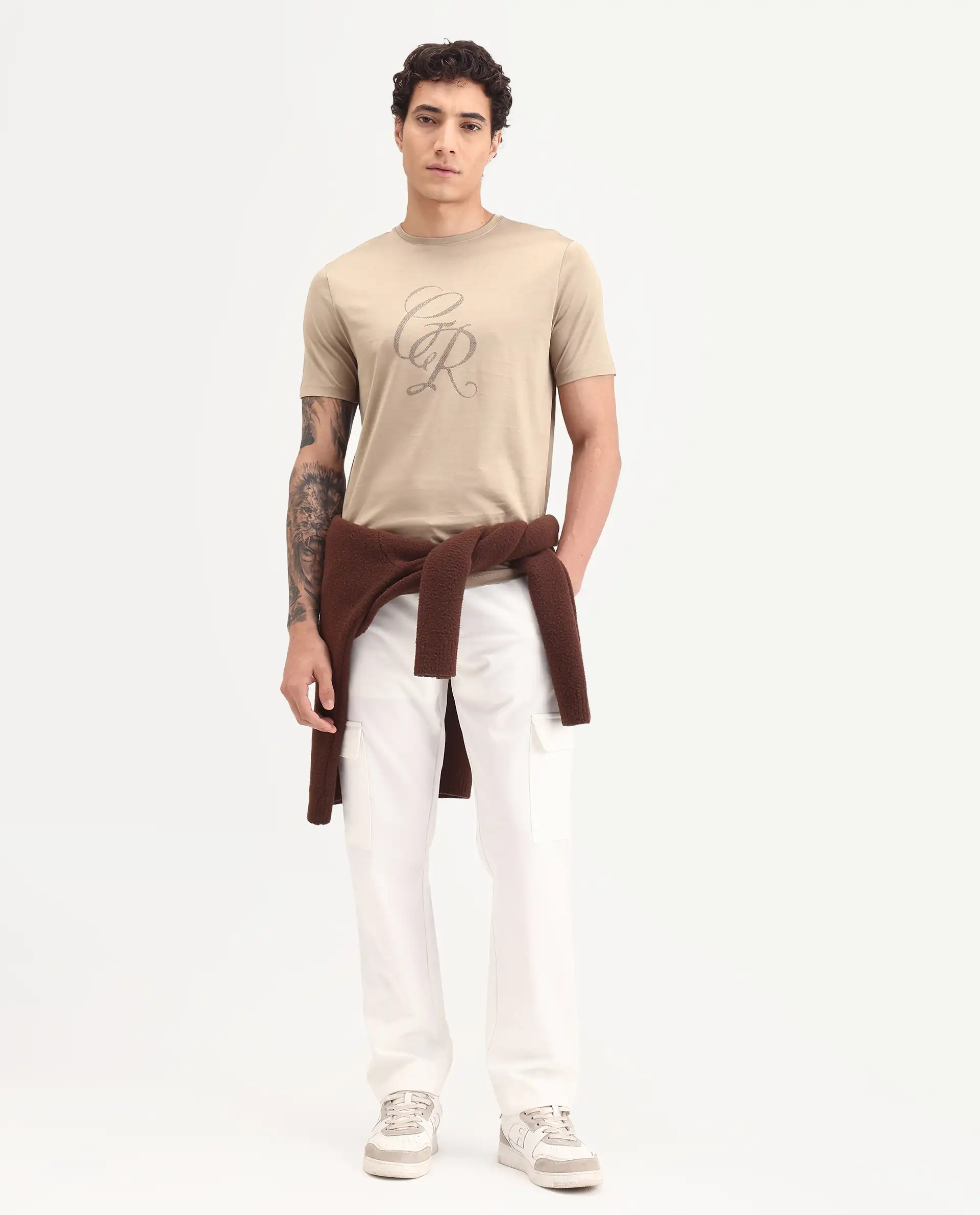 Rare Rabbit Men's Spear Dusky Beige Cotton Fabric Half Sleeve Crew Neck Regular Fit Graphic Print T-Shirt - Image 2