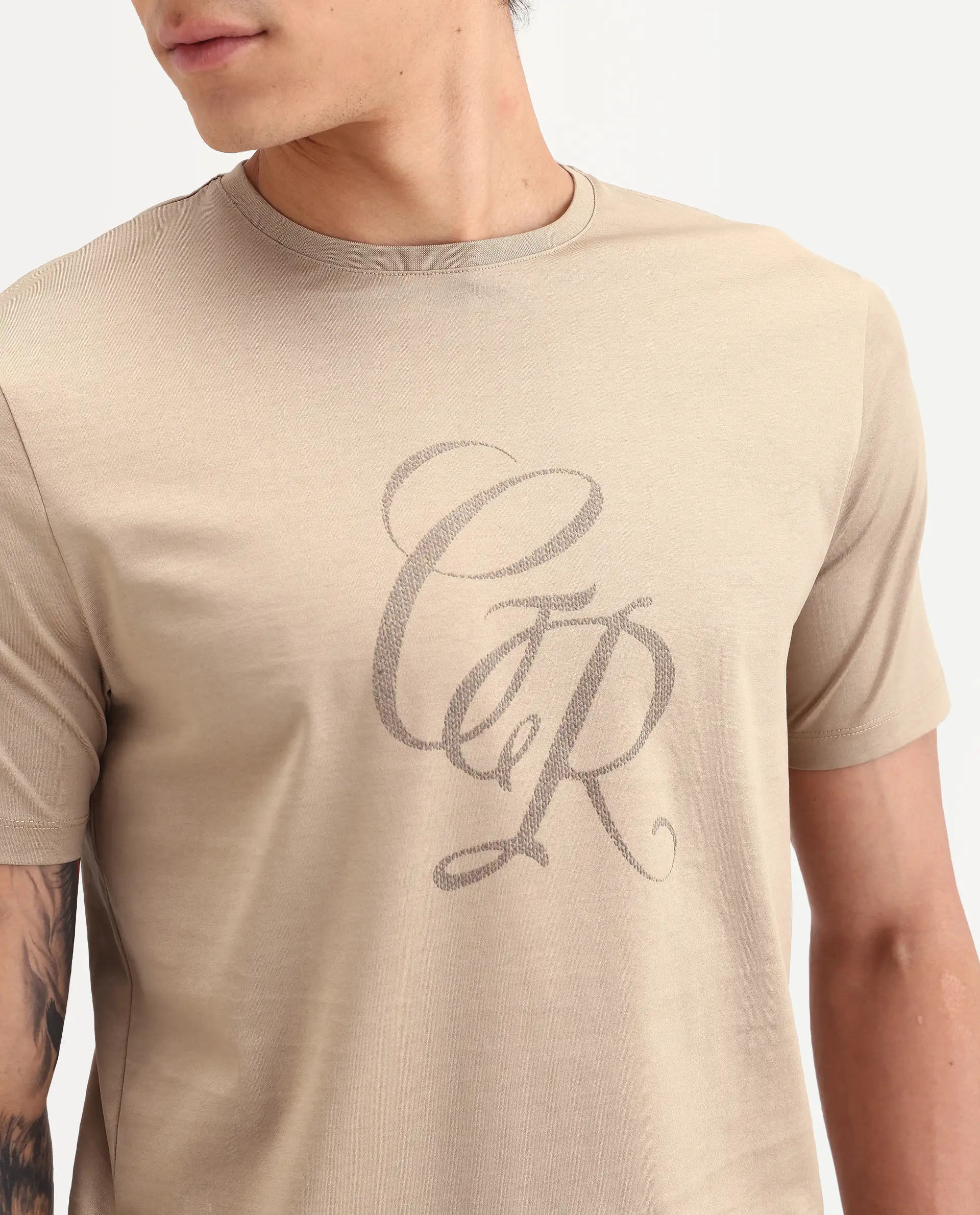 Rare Rabbit Men's Spear Dusky Beige Cotton Fabric Half Sleeve Crew Neck Regular Fit Graphic Print T-Shirt - Image 3