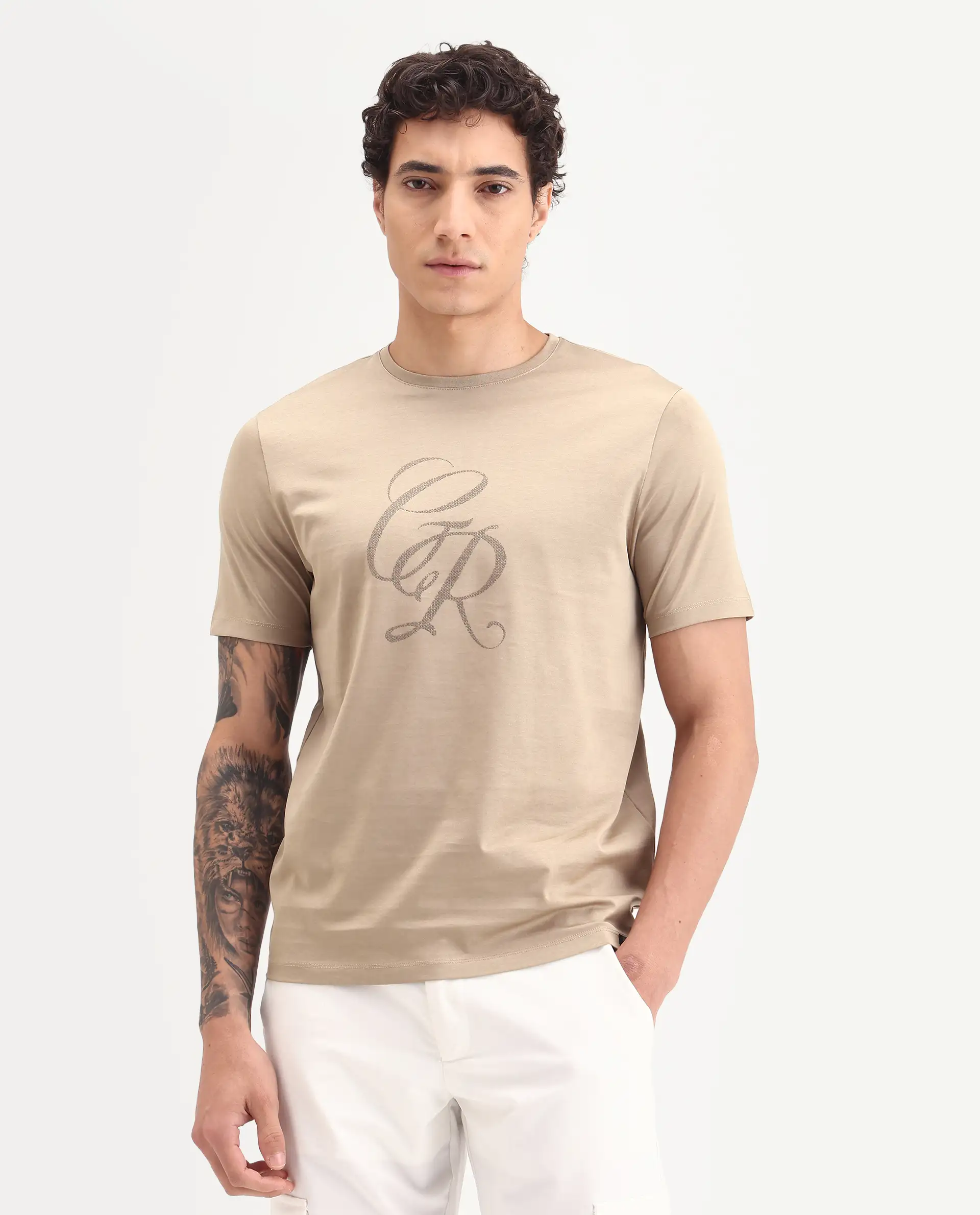 Rare Rabbit Men's Spear Dusky Beige Cotton Fabric Half Sleeve Crew Neck Regular Fit Graphic Print T-Shirt - Image 4