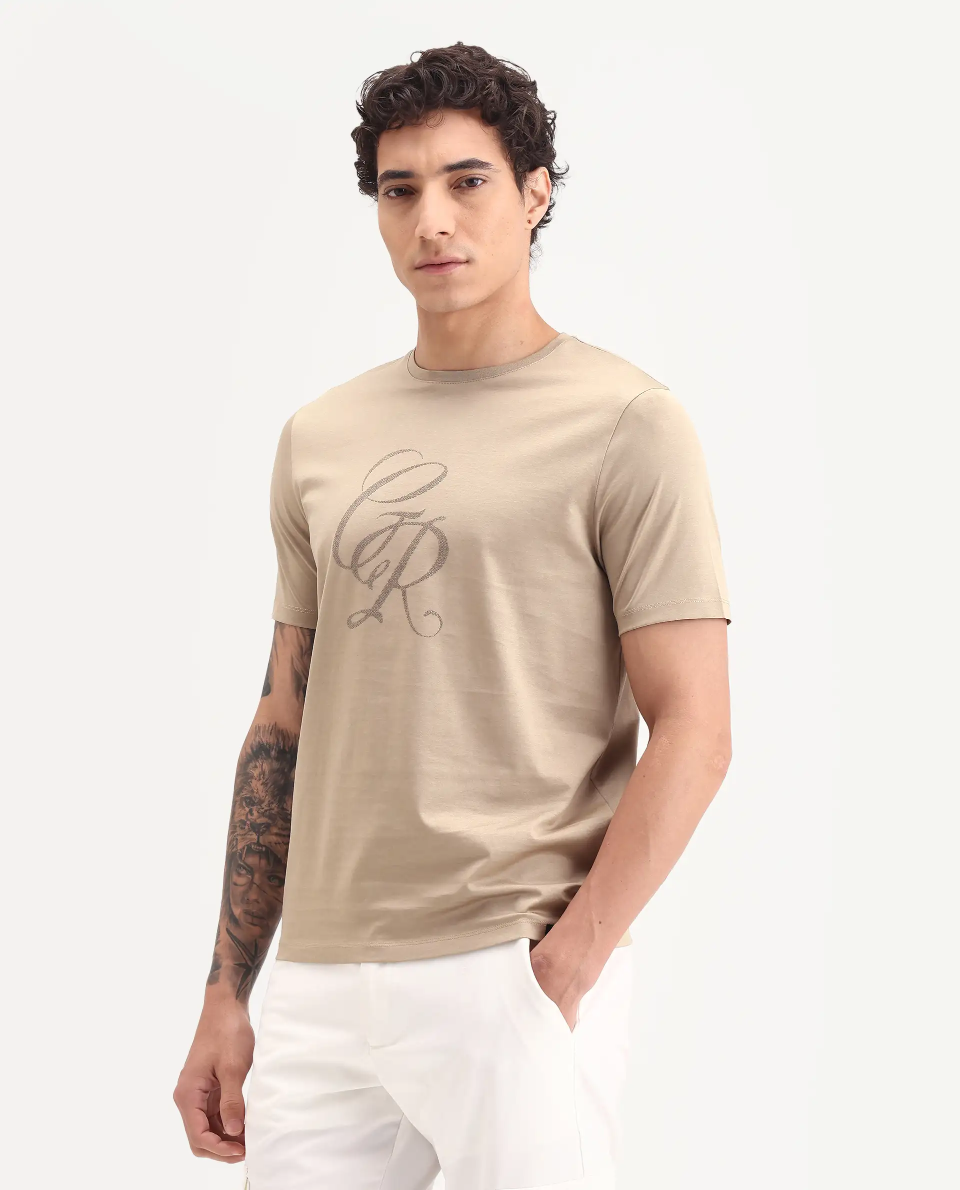 Rare Rabbit Men's Spear Dusky Beige Cotton Fabric Half Sleeve Crew Neck Regular Fit Graphic Print T-Shirt - Image 5
