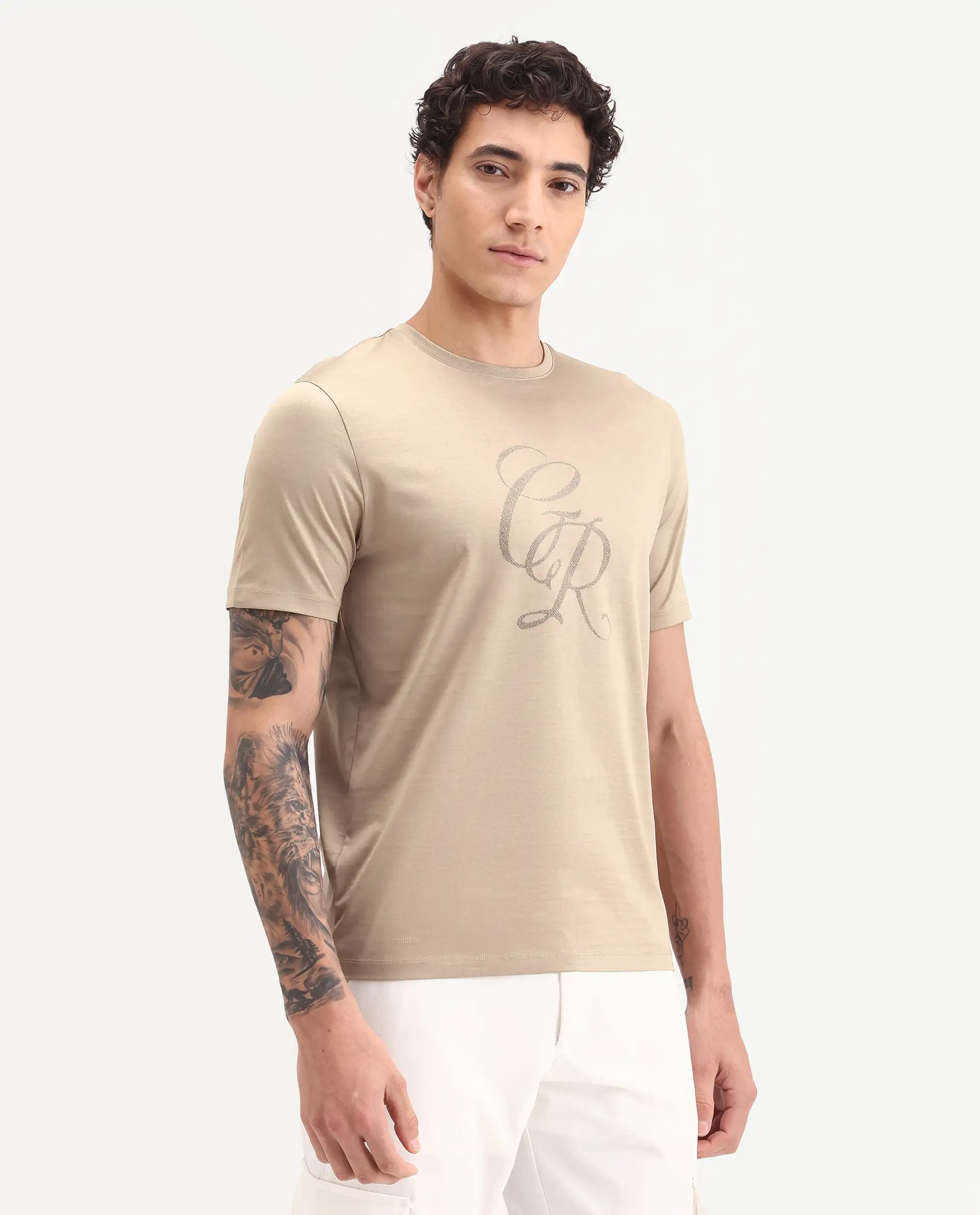 Rare Rabbit Men's Spear Dusky Beige Cotton Fabric Half Sleeve Crew Neck Regular Fit Graphic Print T-Shirt - Image 6