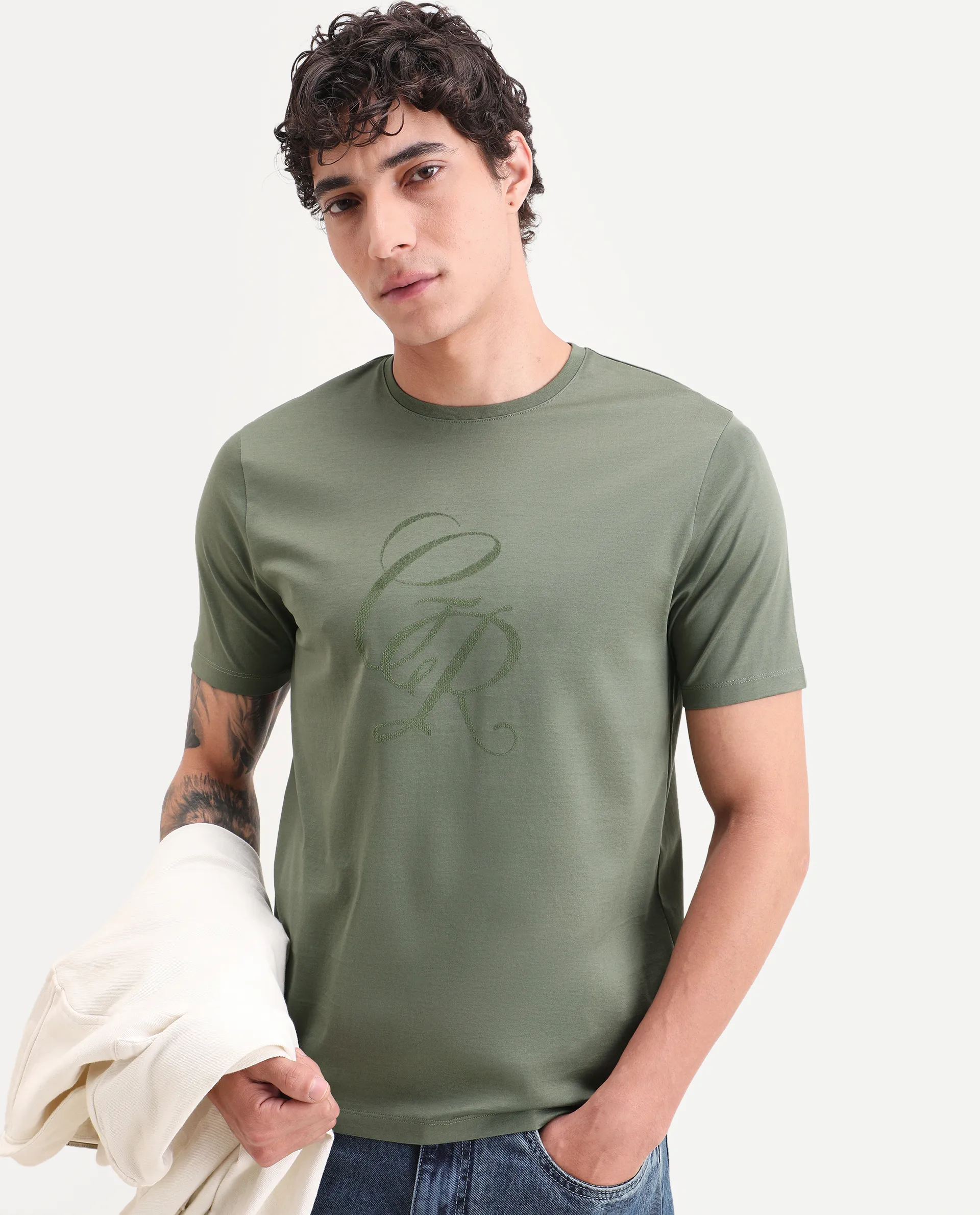 Rare Rabbit Men's Spear Dusky Olive Cotton Fabric Half Sleeve Crew Neck Regular Fit Graphic Print T-Shirt