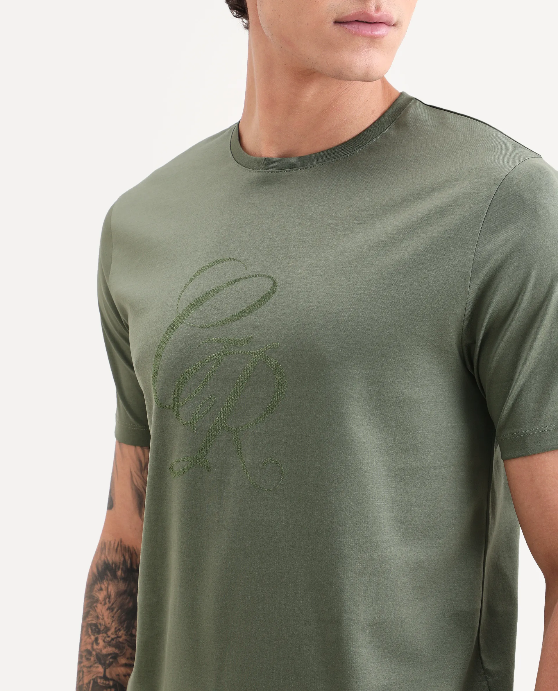 Rare Rabbit Men's Spear Dusky Olive Cotton Fabric Half Sleeve Crew Neck Regular Fit Graphic Print T-Shirt - Image 3