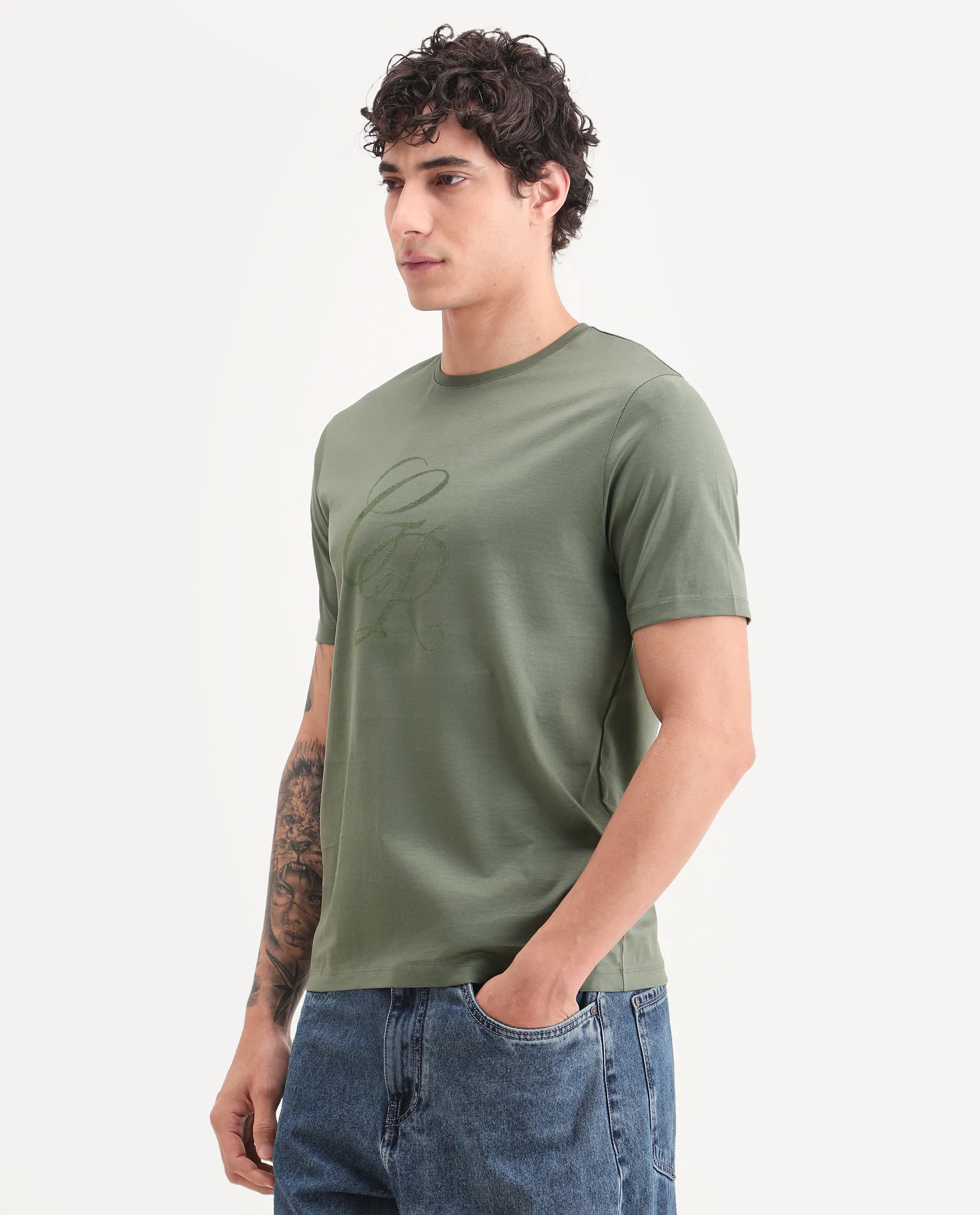 Rare Rabbit Men's Spear Dusky Olive Cotton Fabric Half Sleeve Crew Neck Regular Fit Graphic Print T-Shirt - Image 4