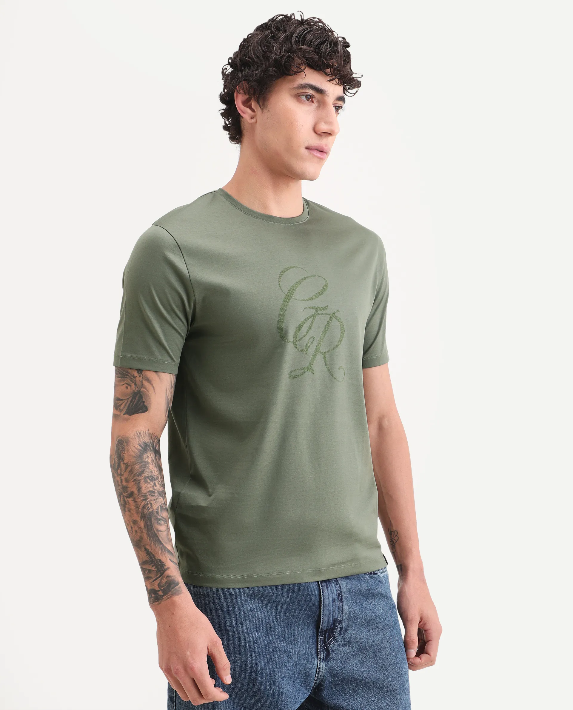 Rare Rabbit Men's Spear Dusky Olive Cotton Fabric Half Sleeve Crew Neck Regular Fit Graphic Print T-Shirt - Image 5